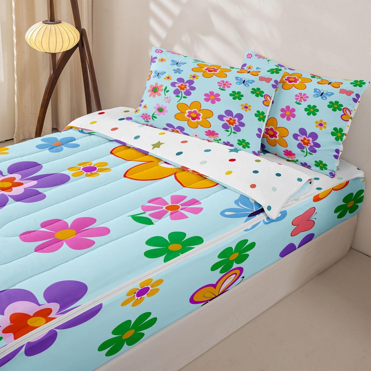 Feelyou Cartoon Cute Flower Zipper Bedding Queen Botanical Floral Bedding Sets for Kids Boys Girls Blue Aesthetic Flower Comforter Set with Fitted Sheet 2 Pillowcases One Zipper Bed Set