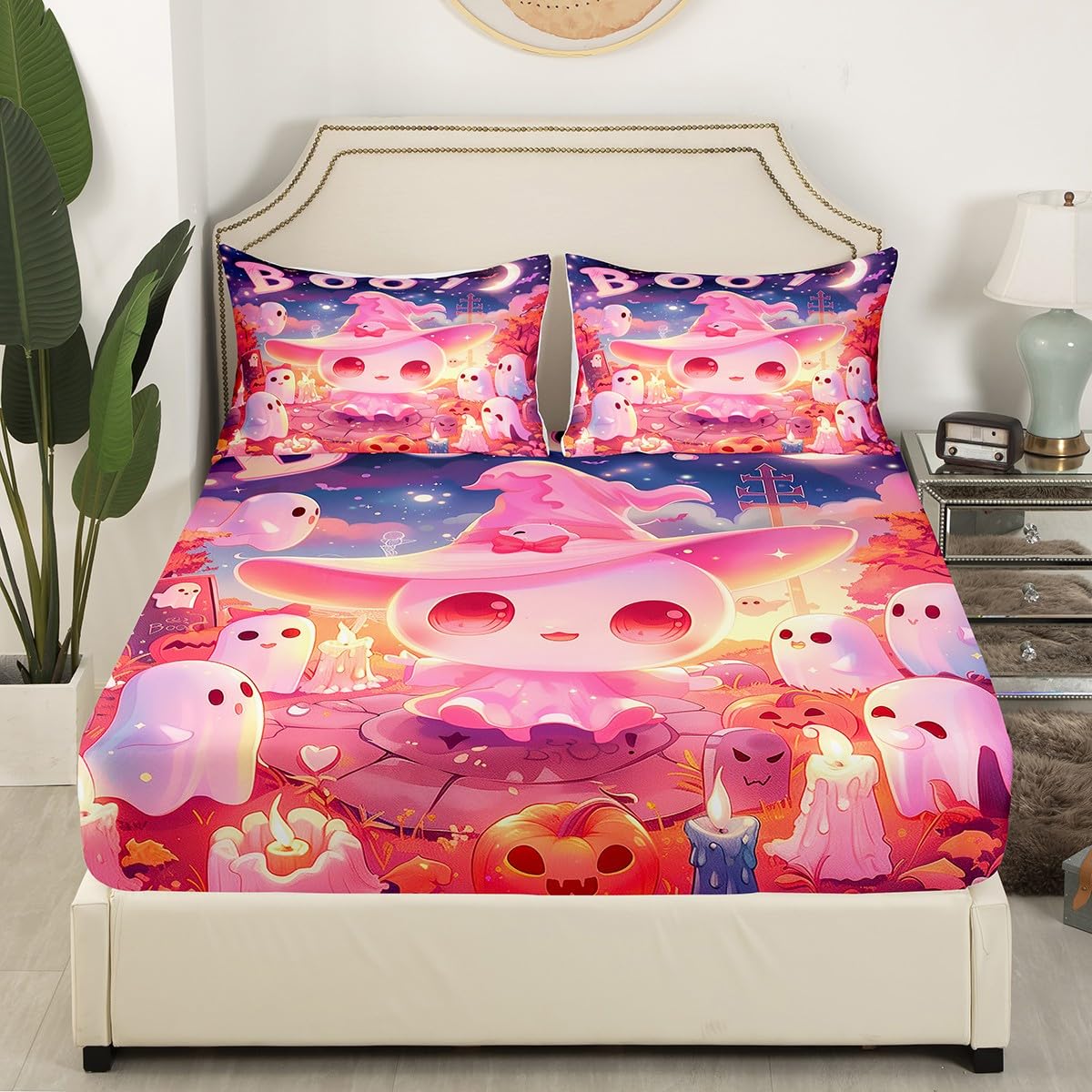 Cartoon Cute Ghost Fitted Sheet,Girly Kawaii Halloween Ghost Bedroon Decor Bed Sheet 3 Pieces Fits Mattress,Dreamy Starry Sky Rustic Pumpinks Decorative Fabric Bedding All-Round Elastic Pocket