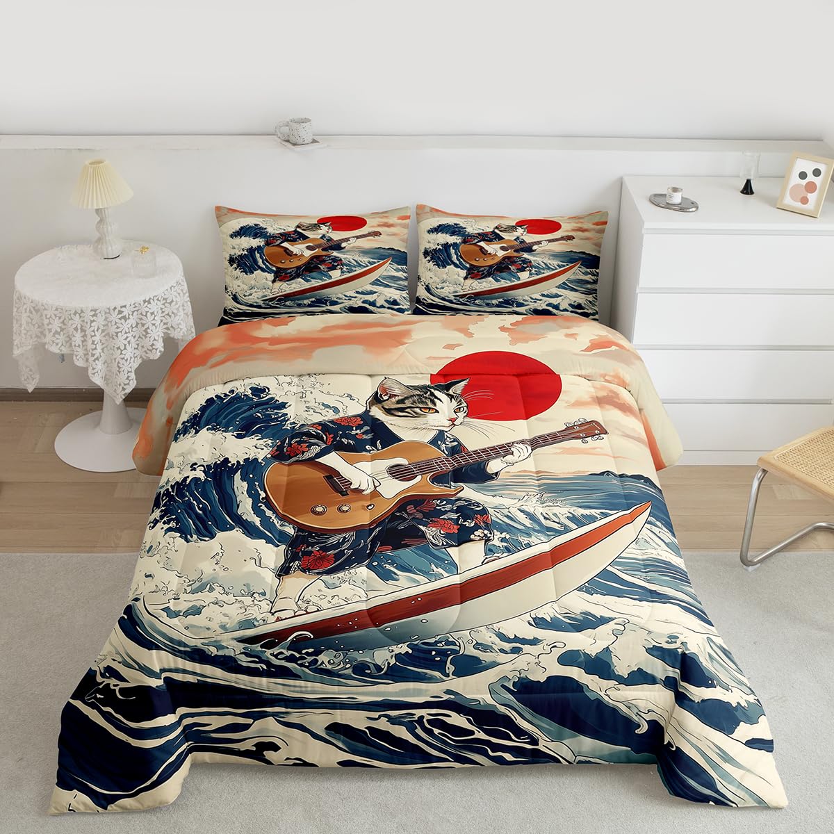 Erosebridal Japanese Cat Guitar Player Bedding Set Queen Rock Music Theme Comforter Set for Kids Boys Girls Nautical Surfing Down Comforter,Cute Animal Quilt Duvet