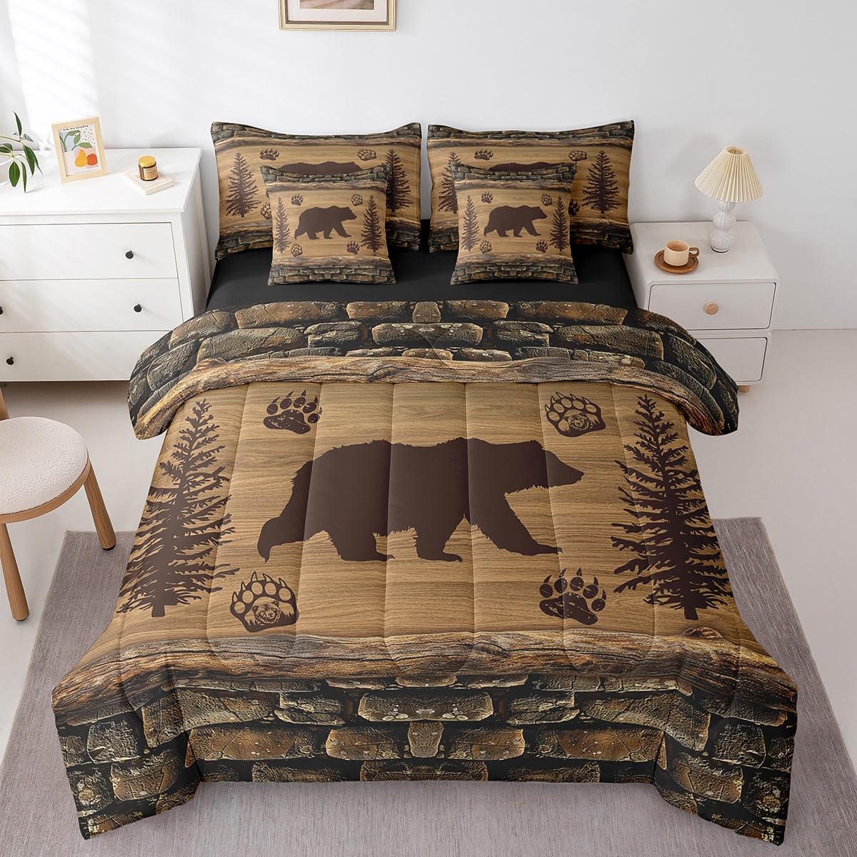 Feelyou Bear Farmhouse Bed in a Bag Boys Queen Size, 7 Pieces Cute Bear Bedding Set for Kids, Ultra Soft Wildlife Decor Bed Set Includes Comforter, Sheet Set, Pillowcases