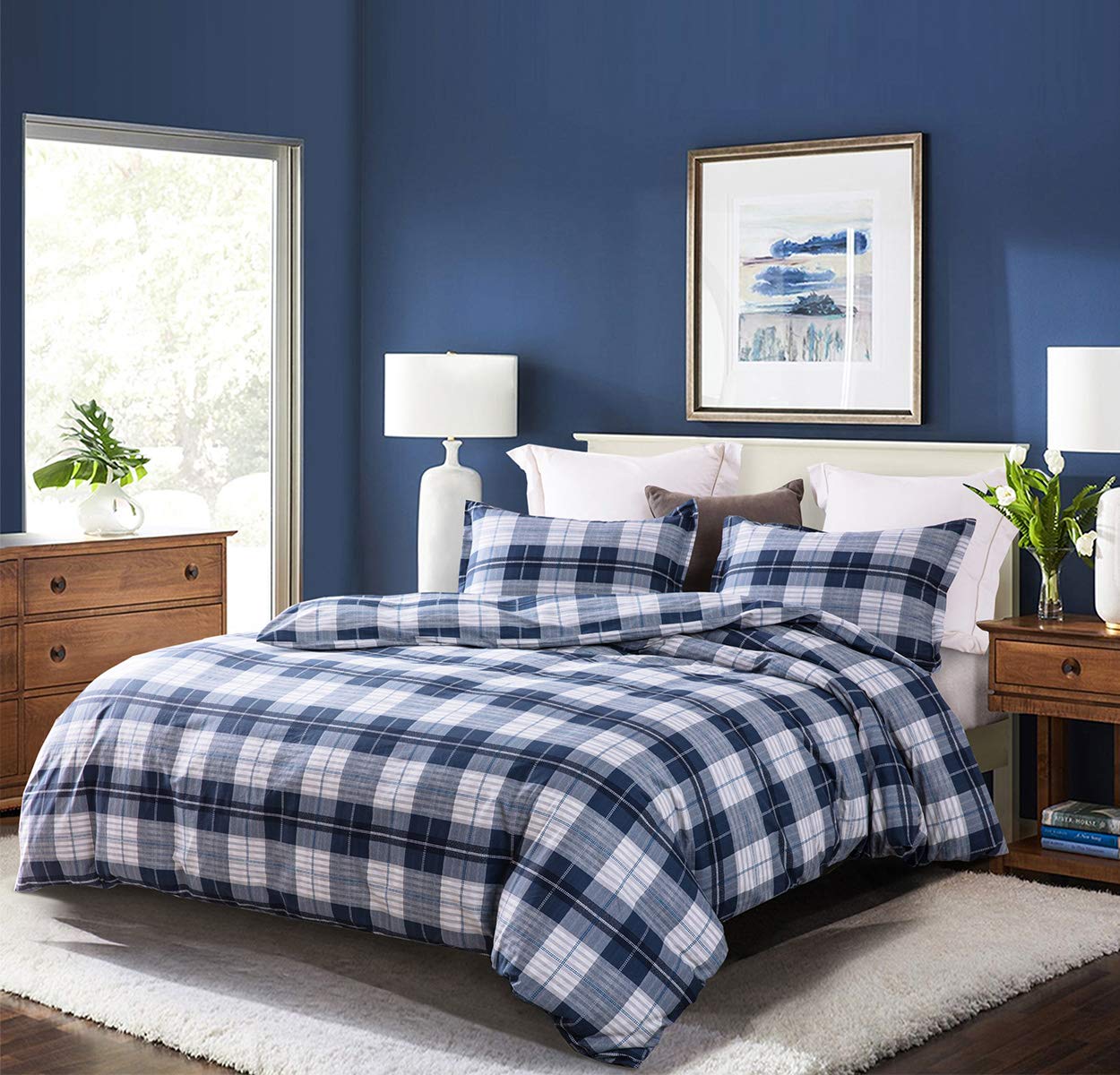 SLEEPBELLA Comforter Queen Size, 600 Thread Count Cotton Navy Blue & Grey Buffalo Pattern Blue Plaid Comforter Sets,Down Alternative Bedding Set 3Pcs (Queen, Navy Plaid)