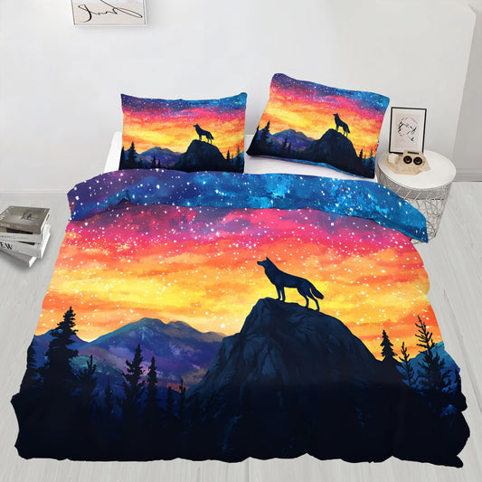 PAISUOQ Fantasy Wolf Duvet Cover Full Size, Colorful Starry Night Bedding, 3 Piece, Soft Microfiber Patterned Comforter Cover with Zipper Ties & 2 Pillowcase, Watercolor Bedroom Decor & Gifts