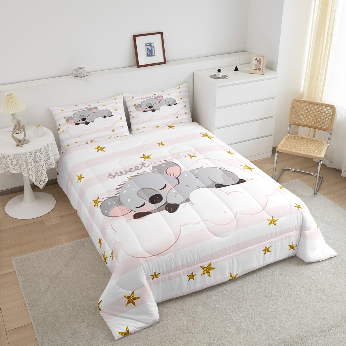Manfei Cute Koala Comforter Set Twin Size, Cartoon Animal Quilt Set with 1 Pillowcase, Pink White Stripe Print Bedding Set 2pcs for Kids Girls Bedroom Decor, Gold Star Print Duvet Set