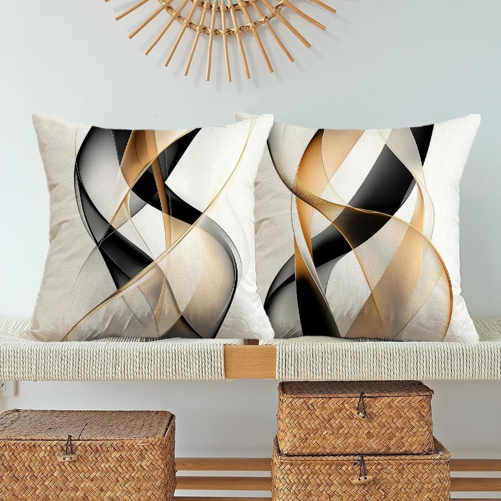 LSMIAO Modern Abstract Geometric Throw Pillow Cover, 18x18 inch, White Black Gold, 100% Polyester, Hidden Zipper, Set of 4