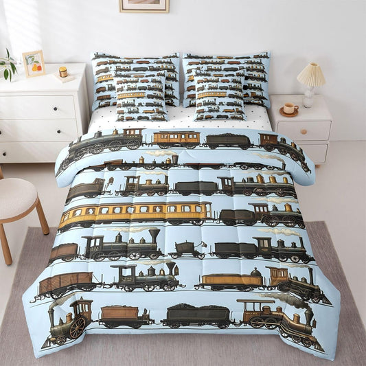 Erosebridal 7 Pcs Vintage Steam Train Comforter Set for Boys Kids Travel Locomotive Train Twin Bedding Set with Sheets for Teens Men Transport Vehicle Bed in A Bag Steampunk Railway Bed Sets Blue