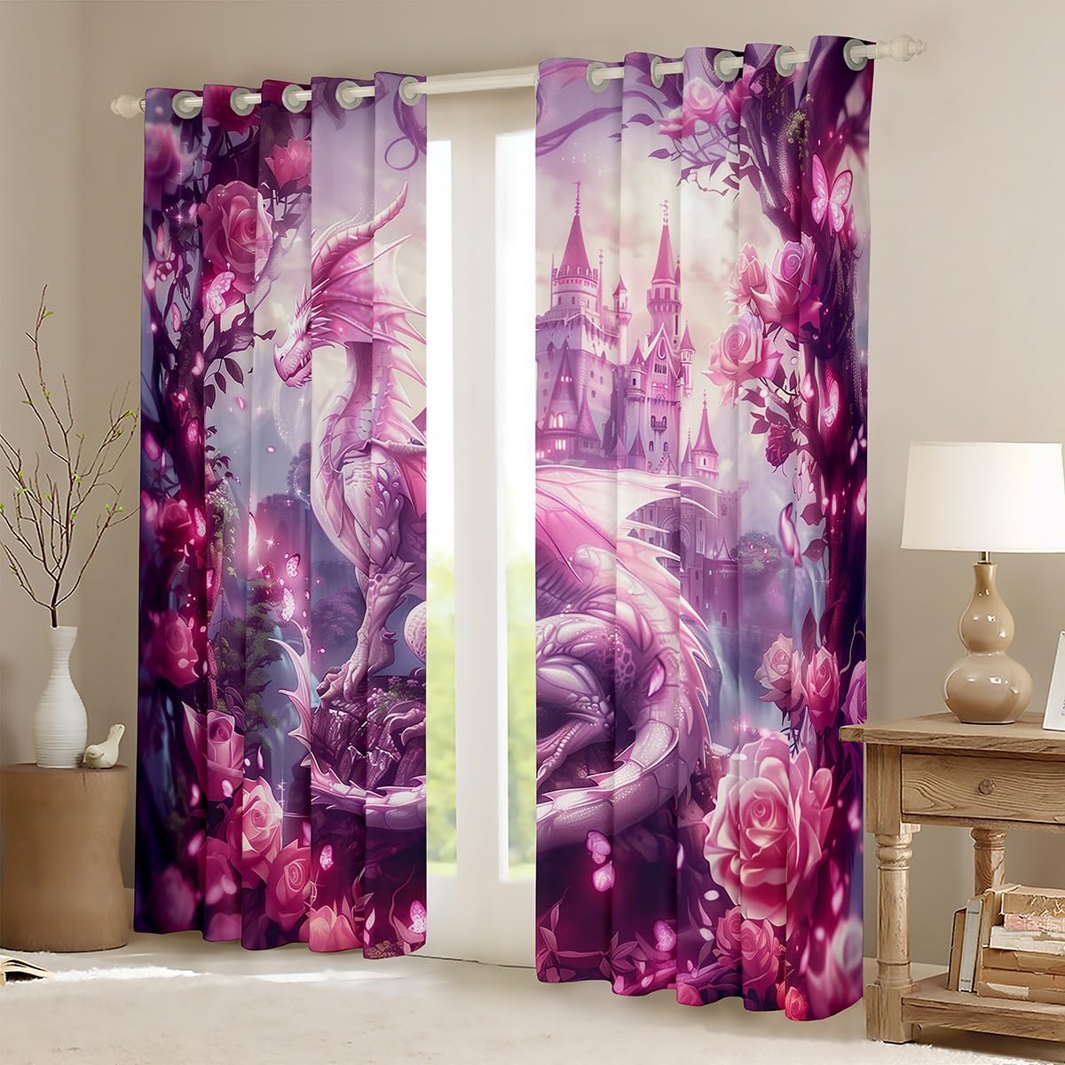 Manfei Dragon Kids Blackout Curtains,Tale Castle Dragon Theme Window Drapes for Girls Boys,Roses Flowers Butterfly Romantic Pink Dreamy Window Treatments Grommet Top 2 Panel Set,52Wx63L inch