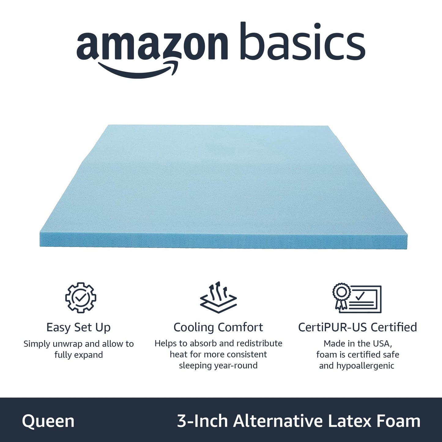 Amazon Basics Cooling Gel-Infused Alternative Latex Queen Mattress Topper, CertiPUR-US Certified, 3 Inches, Blue
