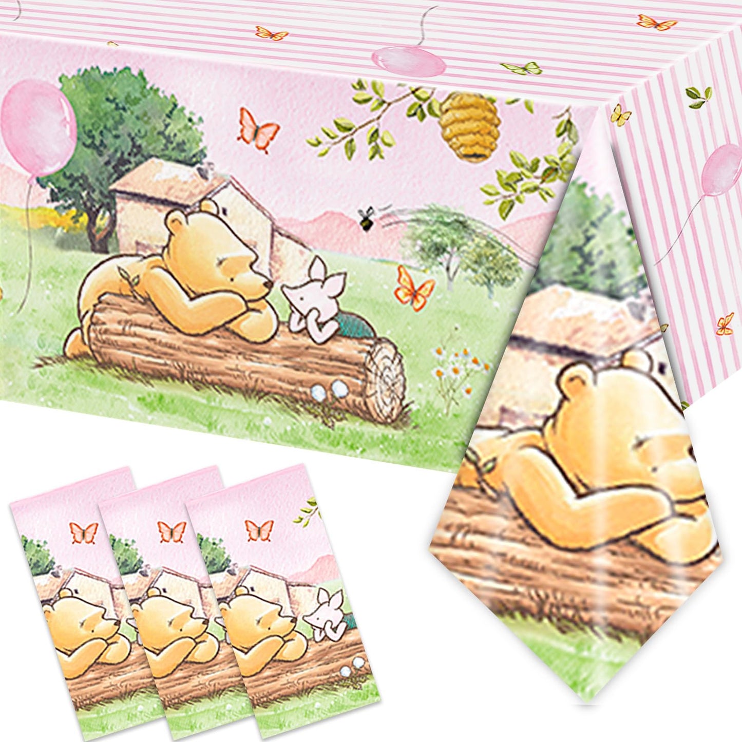 FOLNESH 3PCS Pink Classic Bear Baby Shower Tablecloths, Kids Girls First Birthday Party Decorations Bear Themed Table Cover Party Supplies -54x108IN