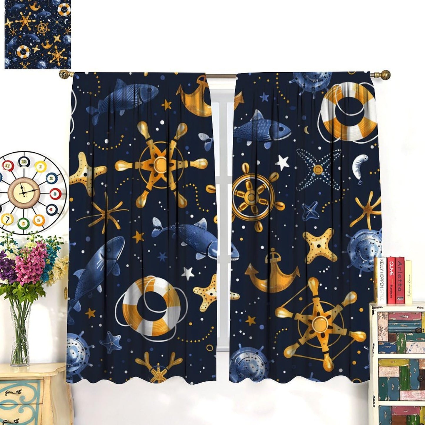 HDESDIS Fantasy Ocean Boat Anchor Blackout Curtains for Bedroom Living Room, Rod Pocket Abstract Starry Life Buoy Fish Curtains Thermal Insulated Window Drapes 2 Panels, Each 21W x 45L