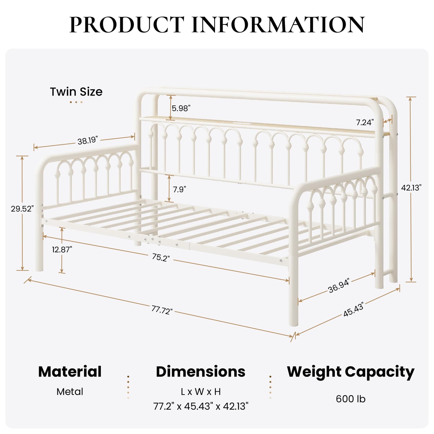 SHA CERLIN Twin Size Daybed, Metal Sofa Bed Frame with Double-Layer Storage Headboard, LED Lighting & USB Charging Ports, Steel Slat Support, White, for Living Room/Guest Room