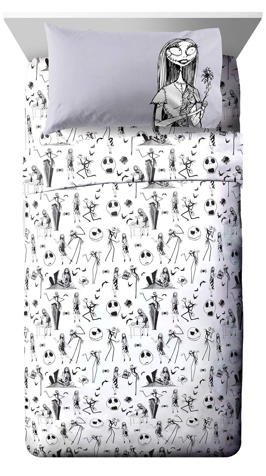 Jay Franco Kids Sheet Set with Fitted, Flat Sheets & Pillow Cover - Ultra-Soft Bedding with Pillowcase for Room Decor, White - Nightmare Before Christmas, 4 Piece Full
