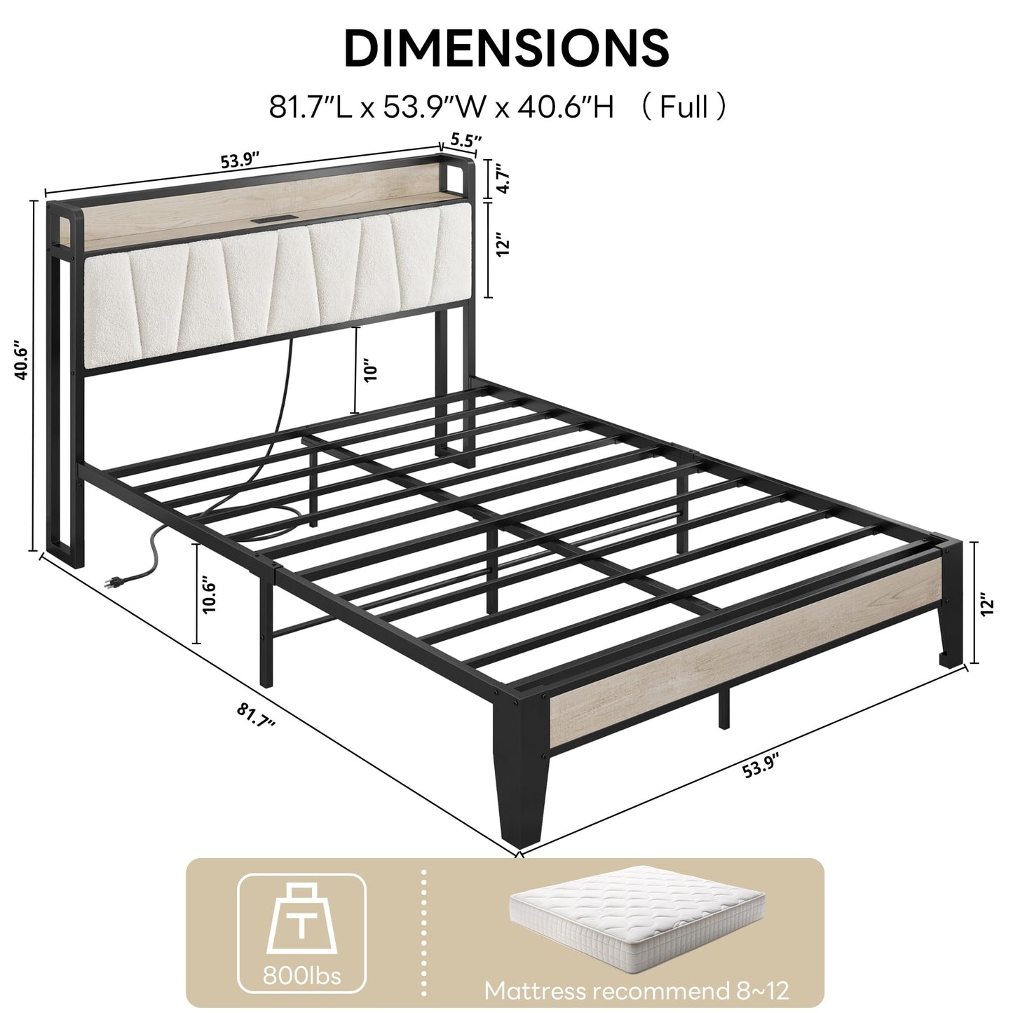 LIKIMIO Full Bed Frames, Bouclé Storage Headboard with Charging Station, Solid and Stable, Noise Free, No Box Spring Needed, Easy Assembly