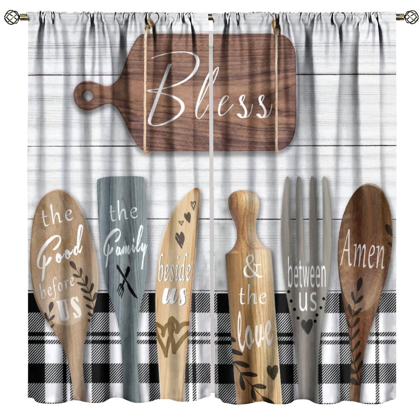 ShiTingYu Rustic Kitchen Curtains Farmhouse Vintage Country Wooden Plank Black White Window Treatments for Bedroom Living Room Kitchen Drapes 2 Panels 42x45 Inch
