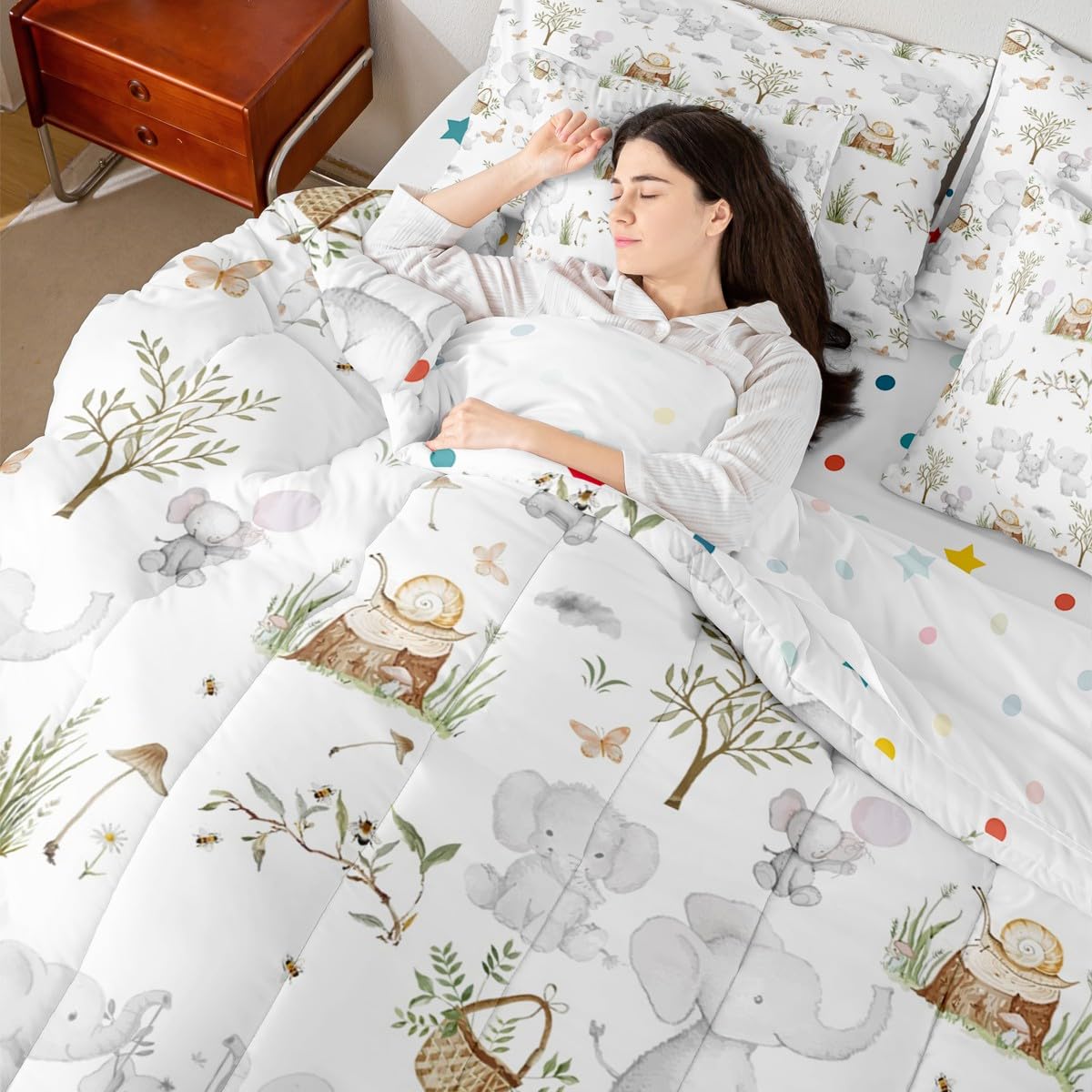 Erosebridal Kids Elephant Twin 7 Piece Comforter Set for Boys Girls Nursery Cute Cartoon Animals Bedding Set Woodland Snails Wildlife Comforter Elephant Family Stump Butterfly Trees Flat Fitted Sheet