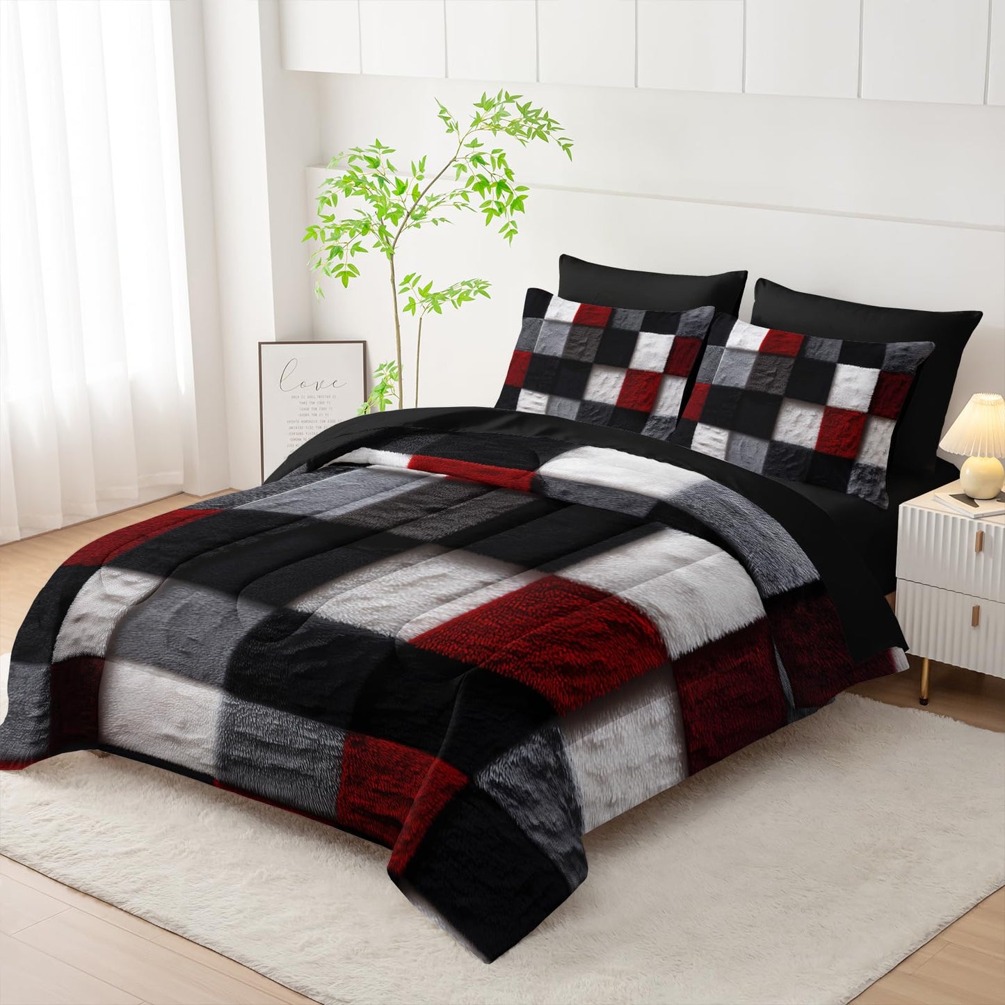 lneffble 7 Piece Black White Red Checkered King Size Comforter Set with Sheets，King Size Quilt Bedding Set Checkered，(1 Comforter, 1 Flat Sheet, 1 Fitted Sheet, 2 Pillowcase and 2 Pillow Sham)