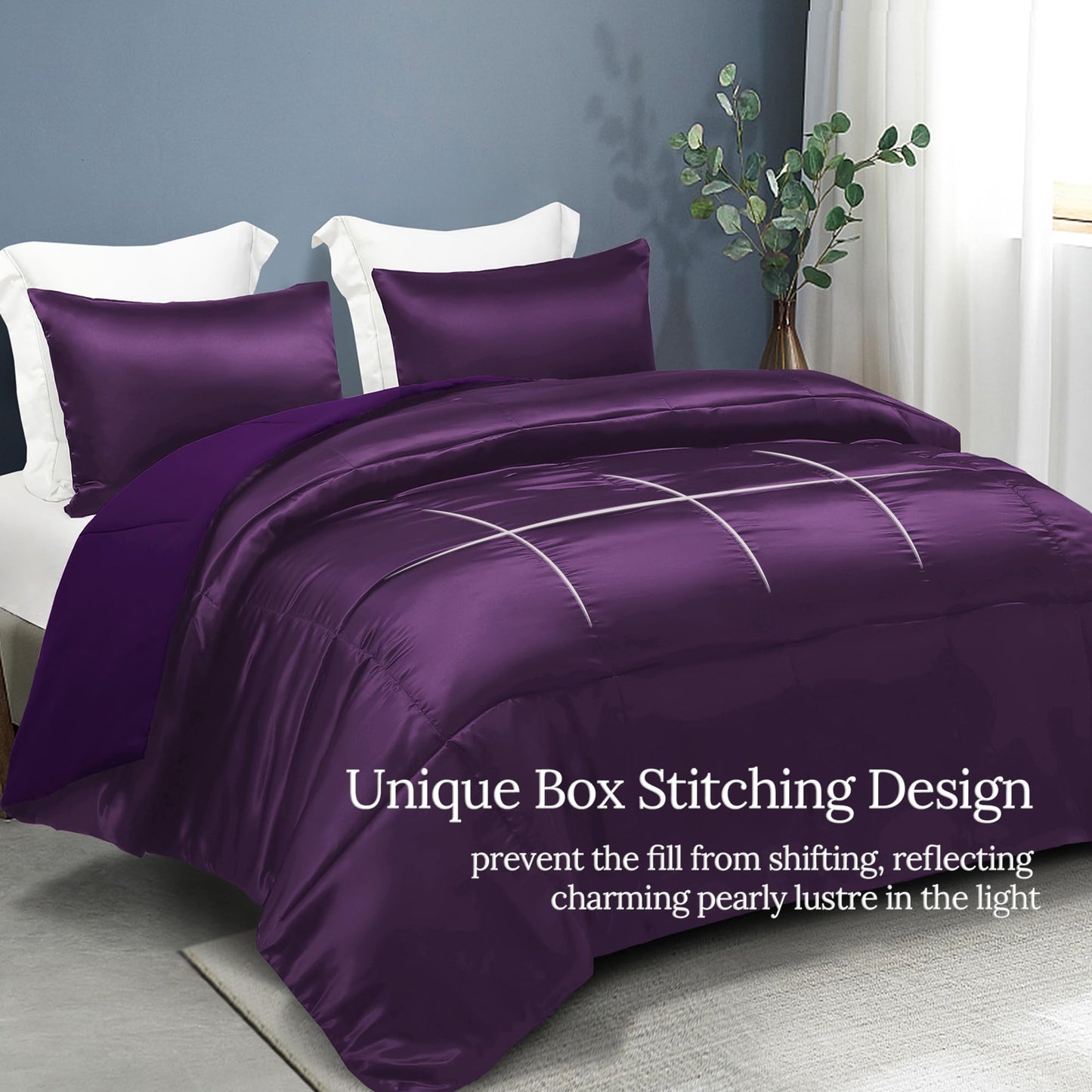 Whale Flotilla 3-Piece Reversible Silky Soft Queen Comforter Bedding Set, Luxurious Satin Comforters Full Size with 2 Satin Pillowcases, Lightweight Duvet for All Seasons, Purple