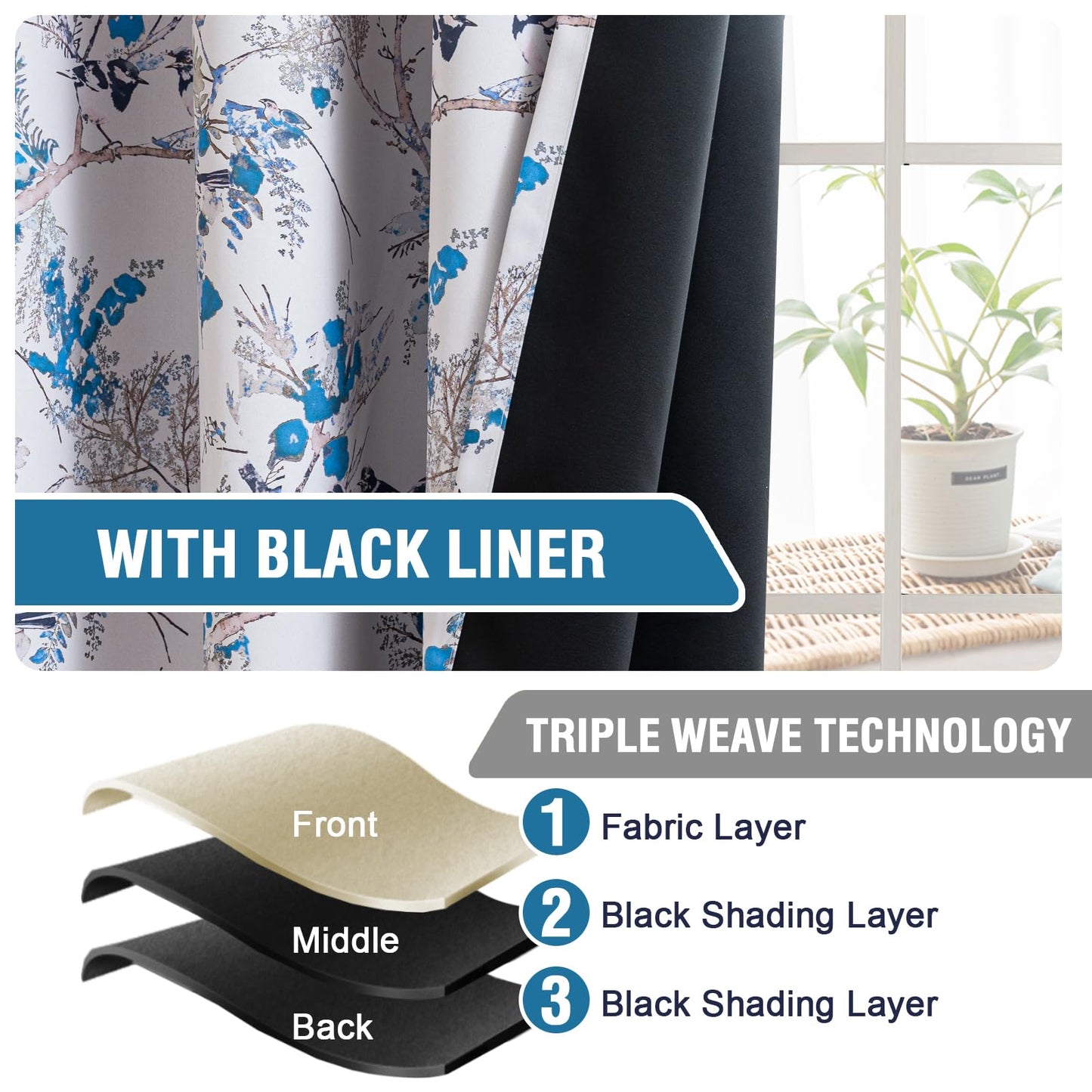 H.VERSAILTEX Floral 100% Blackout Curtains 84 inch Length 2 Panels Vintage Curtains Thermal Insulated Room Darkening Patterned Curtain Drapes for Bedroom Living Room with Grommet, Blue/Black