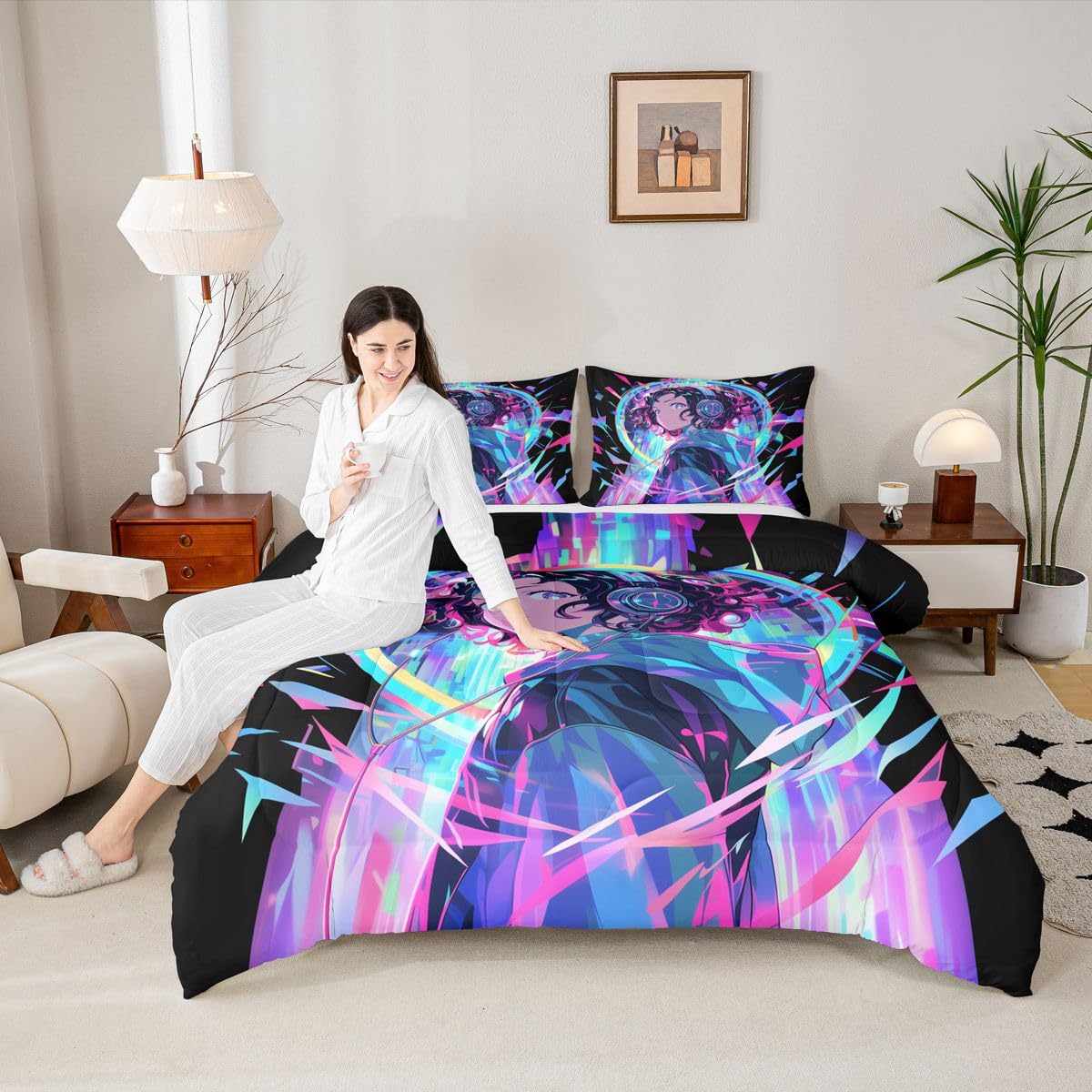 Erosebridal 3D Anime Girl Bedding Comforter Sets American Street Culture Comforter Set Full for Teens Youth Girls Watercolor Graffiti Style Bedding Galaxy Stars Print Duvet Set with 2 Pillow Cases