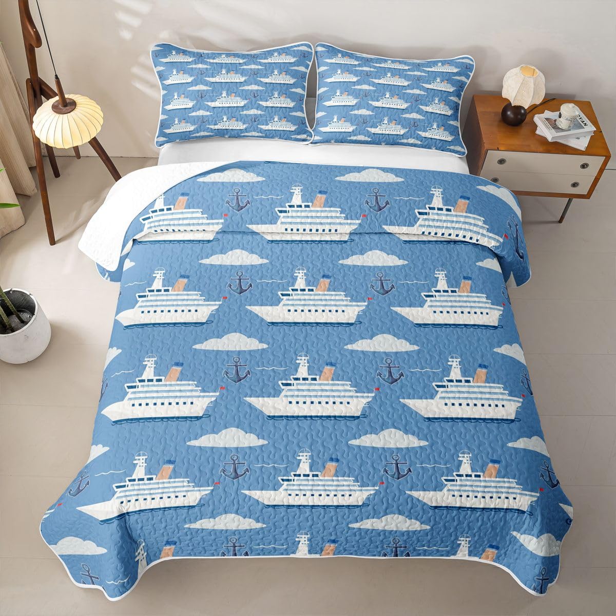 Erosebridal Nautical Sailboat Twin Quilt Set Ocean Ship Lightweight Bedspread Boat Anchor Coverlet for All Season White Cloud Blue Sky Nautical Quilted Comforter 2 Pieces