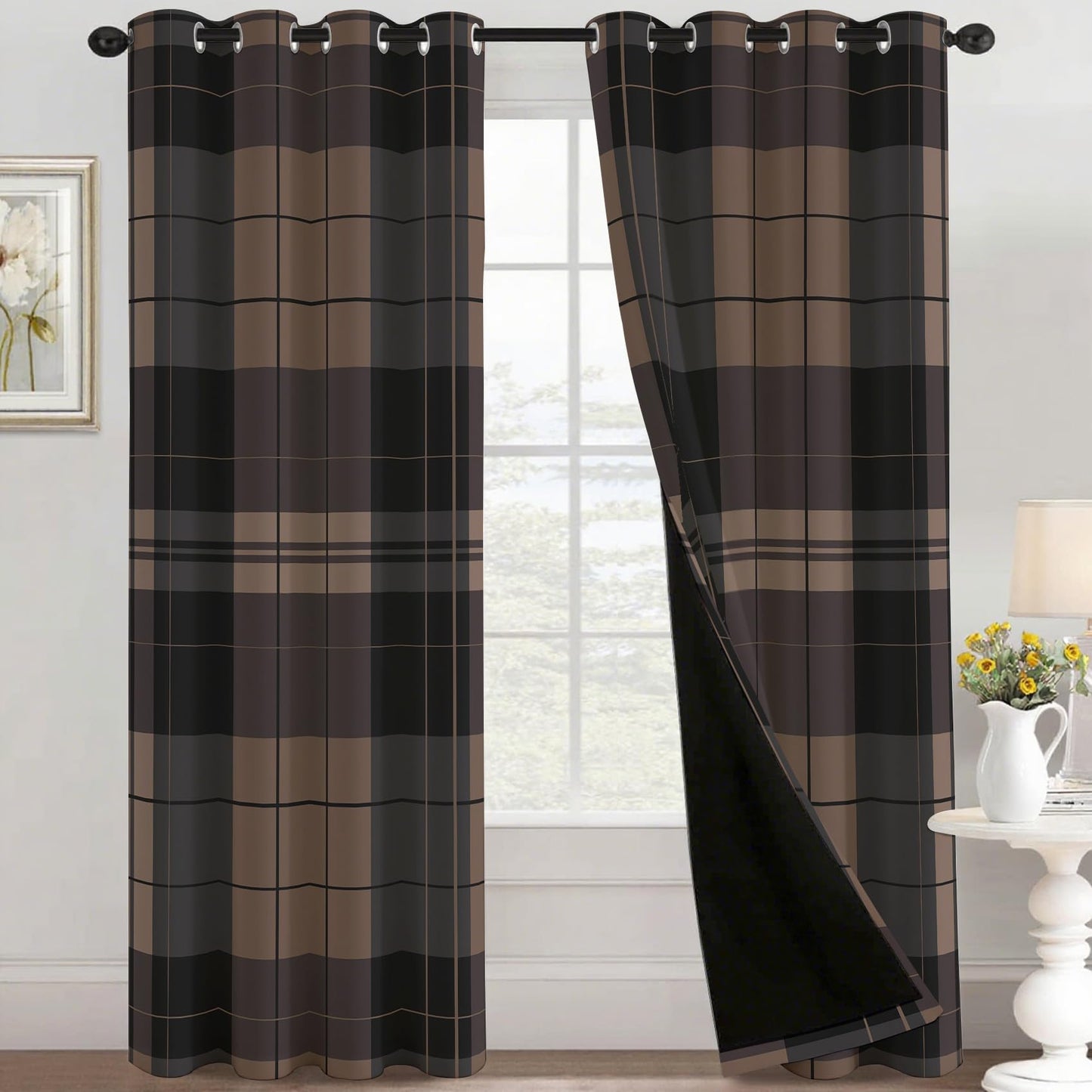 NejZoltrix Farmhouse Plaid Curtains for Bedroom, Scottish Tartan Curtain for Living Room, Checkered Gingham Window Curtains, Grommet Drapes 96 Inches Long 2 Panels Set - Blackout Thermal