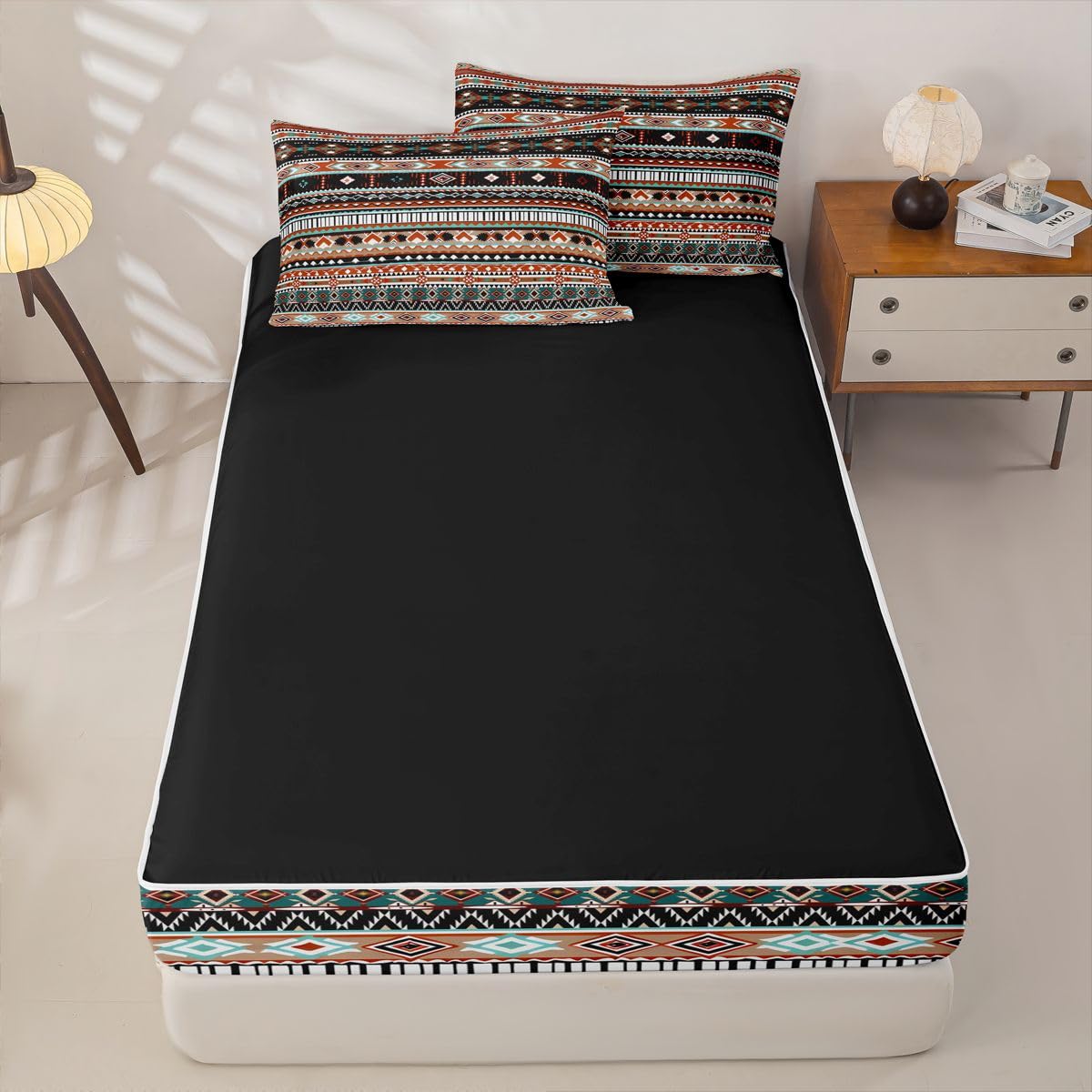 Western Zipper Bedding Queen Ethnic Tribal Arrow Zip Up Bedding Set Vintage Exotic Geometric Triangle Bed in a Bag African Indian Tribal Sriped Boho Comforter with Fitted Sheet and 2 Pillowcases