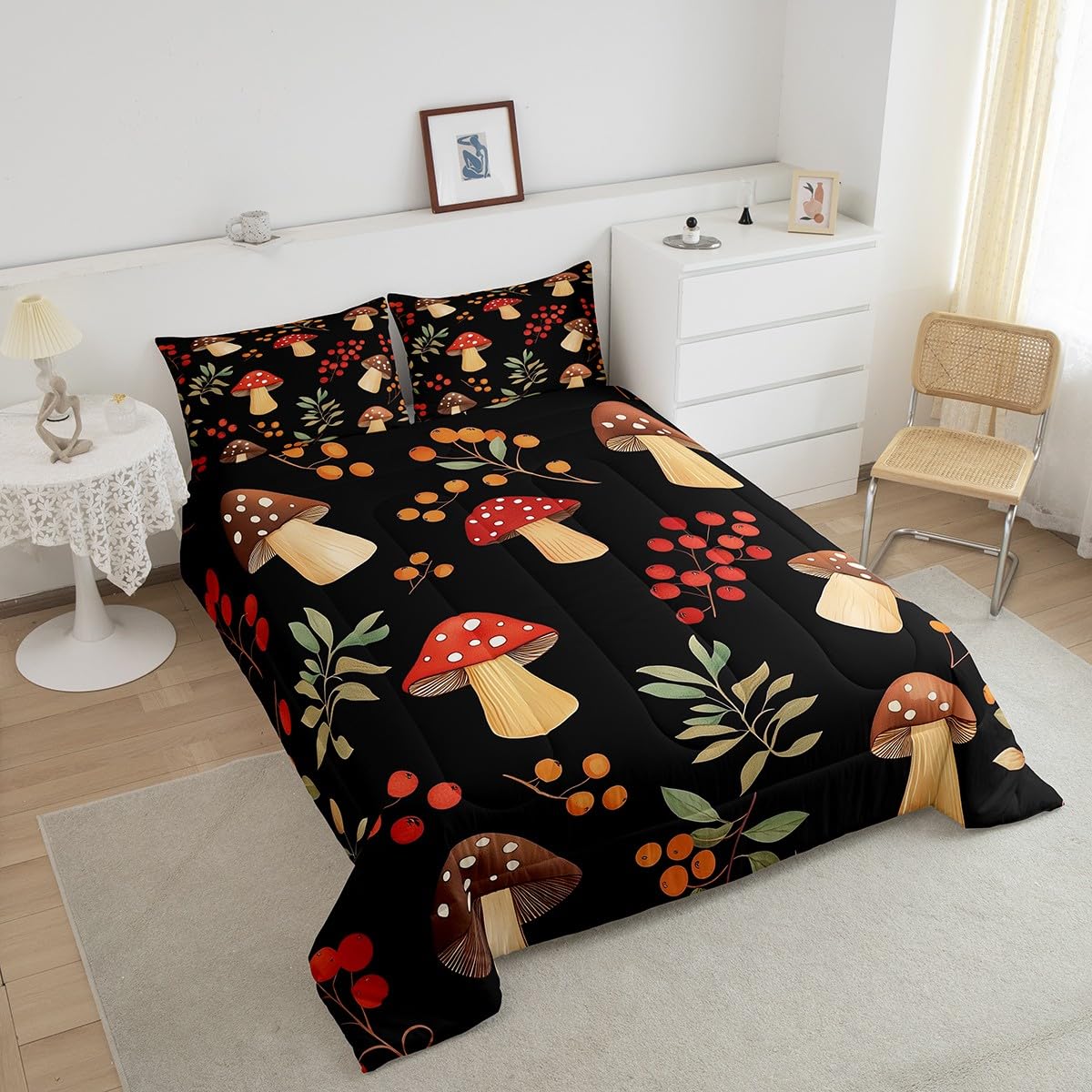 Feelyou Cartoon Mushrooms Bedding Set Kids Boys Girls Queen Size Cute Mushroom Comforter Set Ultra Soft Wild Mushroom Stuff Comforter Mushroom Duvet Set Room Decor Plant Pattern Quilt Set