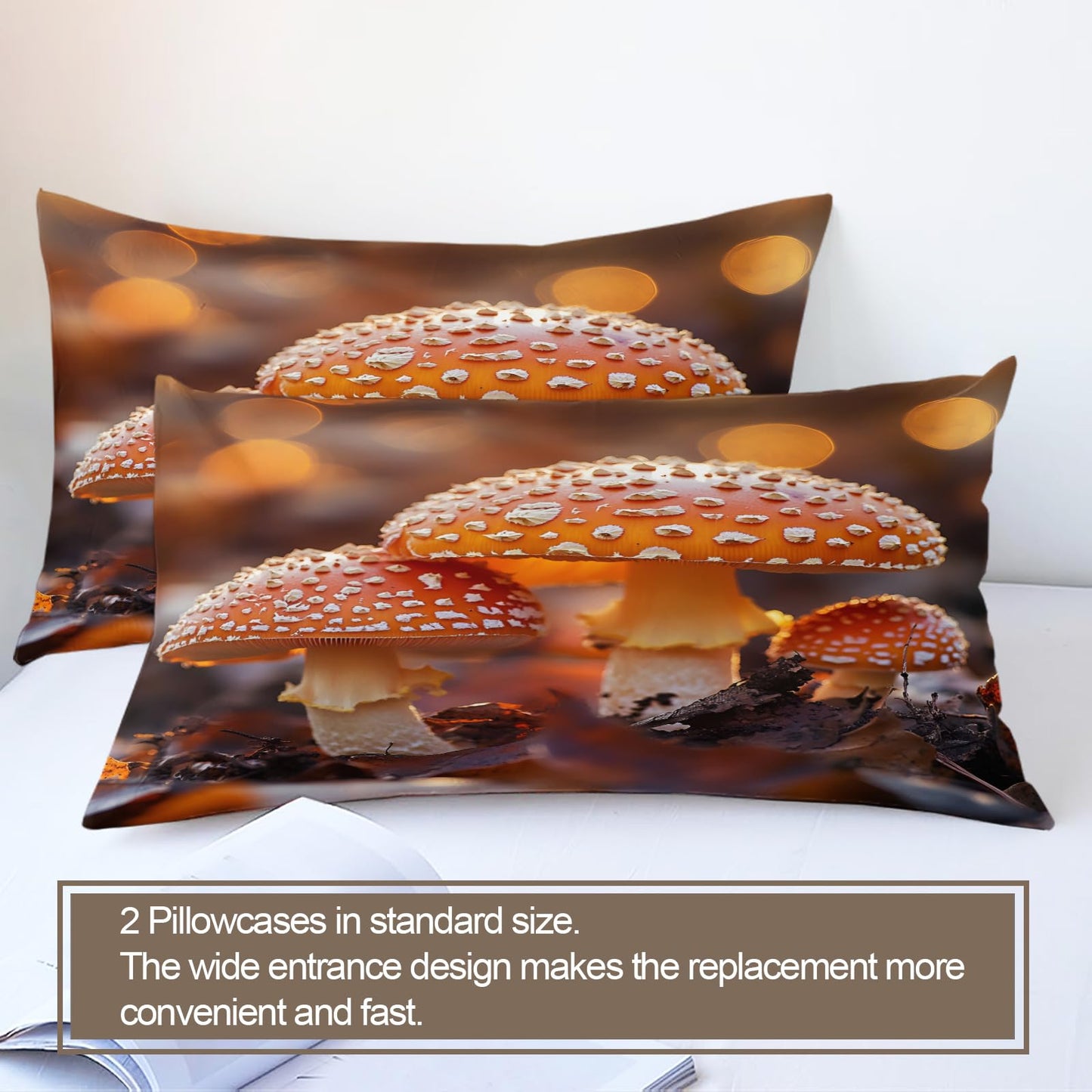 QINYUN Wild Mushroom Duvet Cover King Size, Fantasy Orange Mushrooms Bedding Set 3 Piece Bedroom Decor Autumn Comforter Cover and 2 Pillow Sham with Zipper Closure