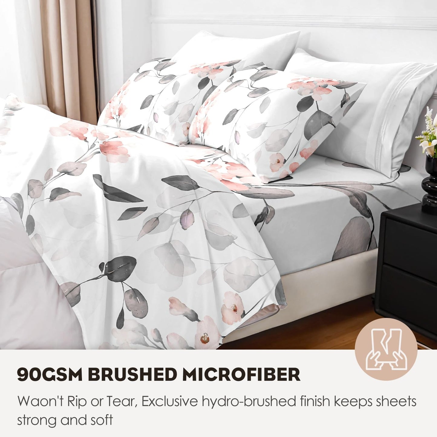 HCORA Floral King Size Sheets Set, Luxury 1800TC Hotel Quality Double Brushed Microfiber Deep Pocket Bed Sheets, Ultra Soft, Breathable and Cooling, 4PC, King