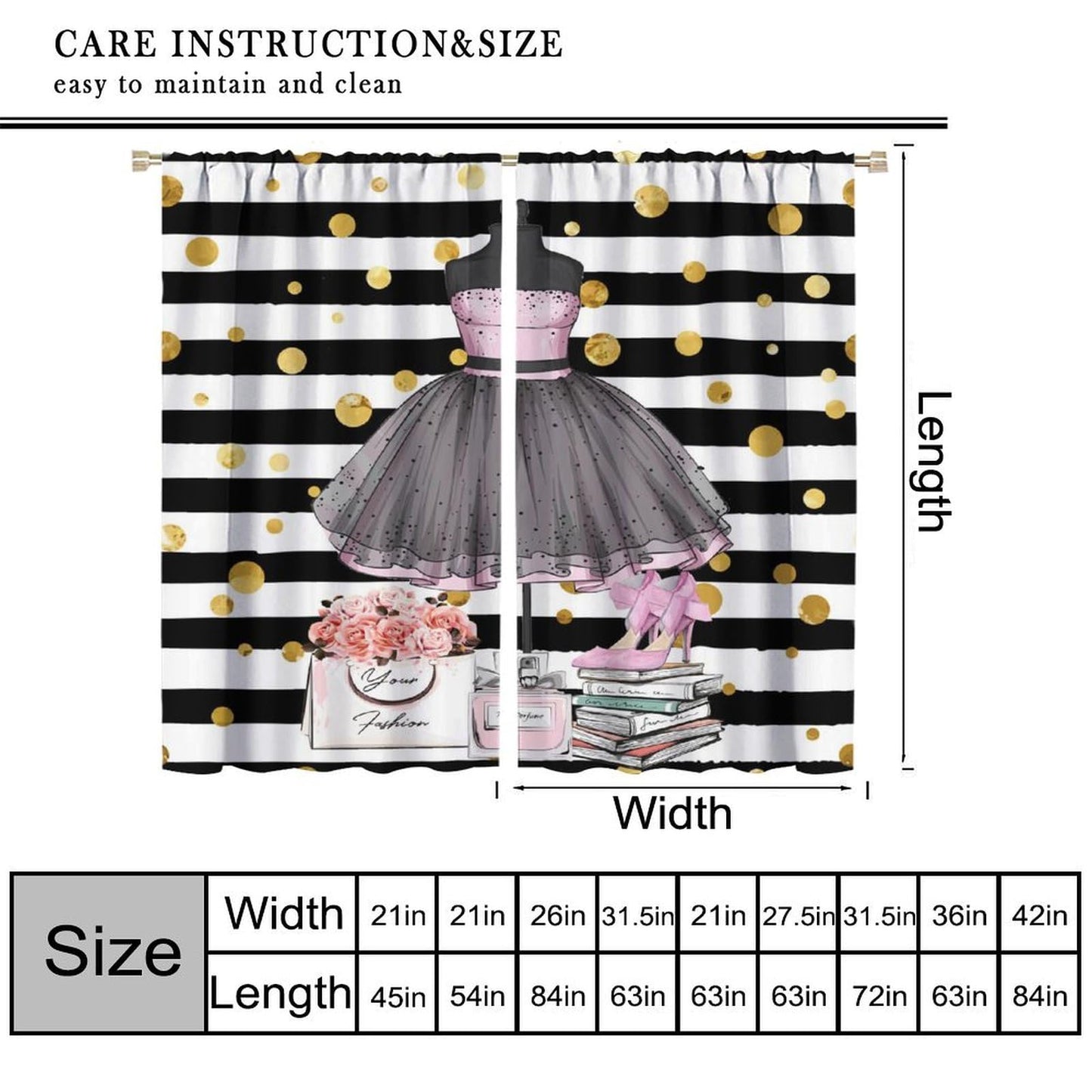 Girly Dresses Decor Window Curtain Pink Floral Girls Women Fashion Makeup Black And White Stripe Perfume Bottles High Heels for Home Kitchen Restaurant Decoration Window Curtain 2Panel 42"W X 45"L