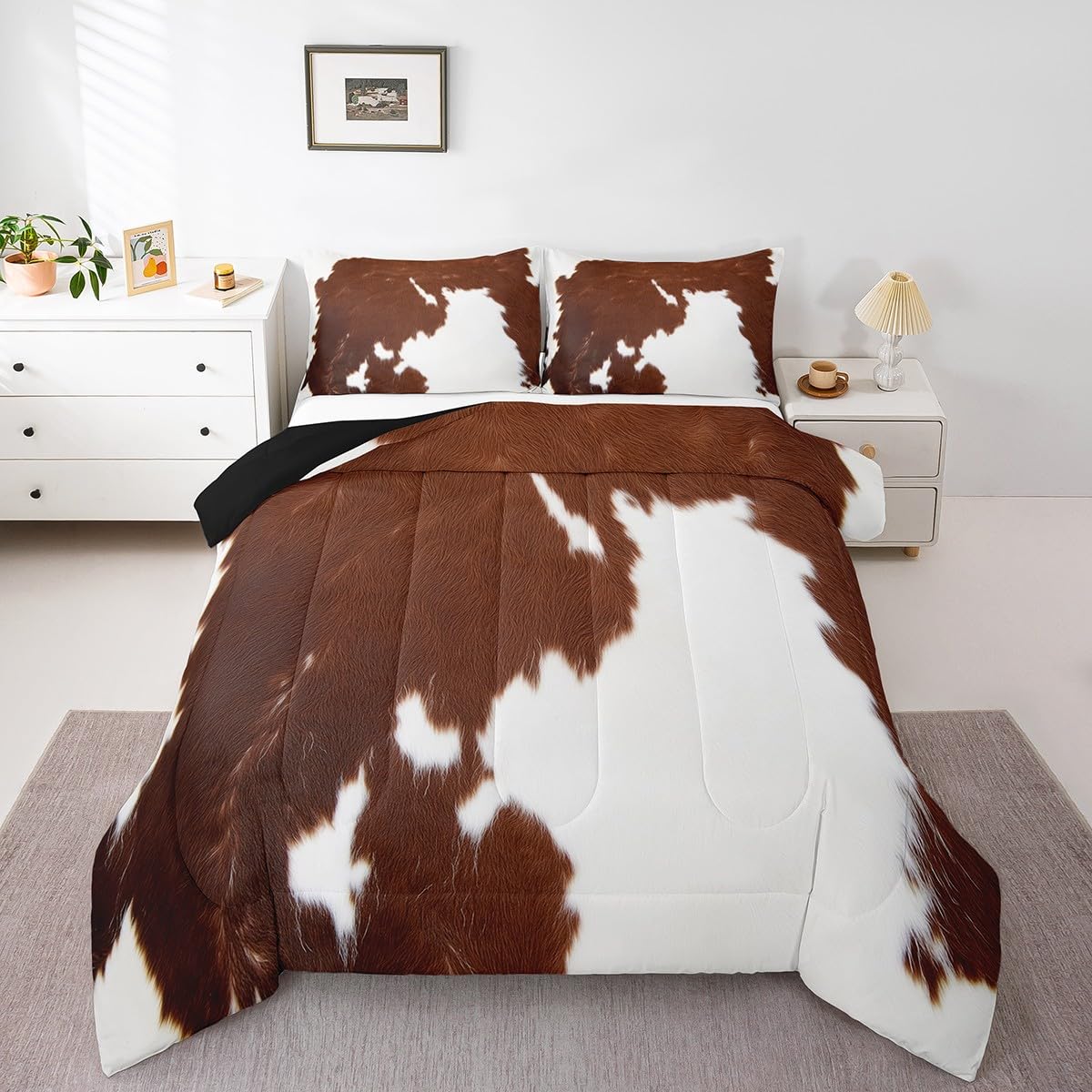 Cow Print Comforter Set Queen Size,Cowhide Print Bedding Set Teens Adults,Farmhouse Animal Hair Down Comforter,Rustic Western Bedding For Kids Boys Girls Teens Adult Bedroom Decor, Brown White