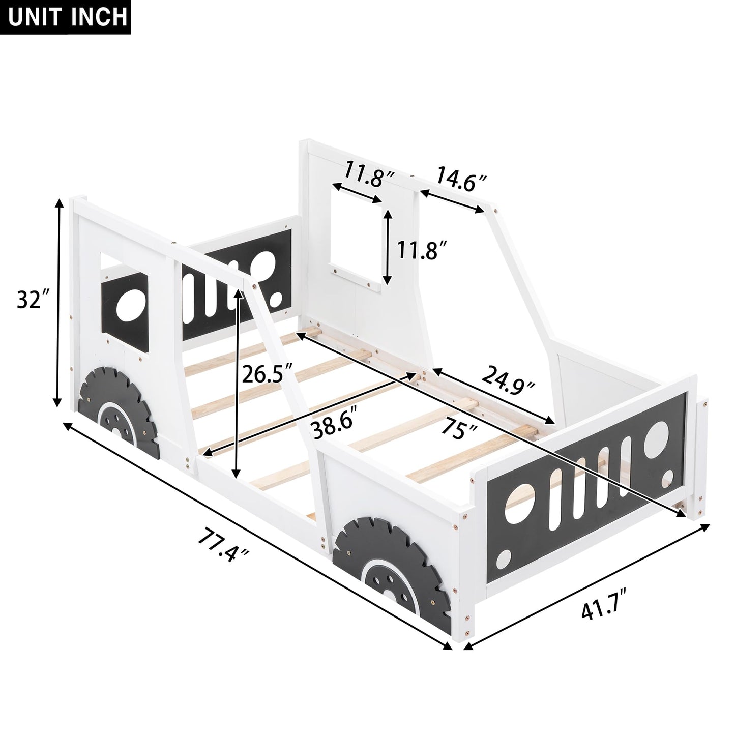 Bellemave Twin Size Car Bed, Classic Car-Shaped Platform Bed with Wheels, Wood Twin Montessori Floor Bed for Kids Boy Girls (White+Black)