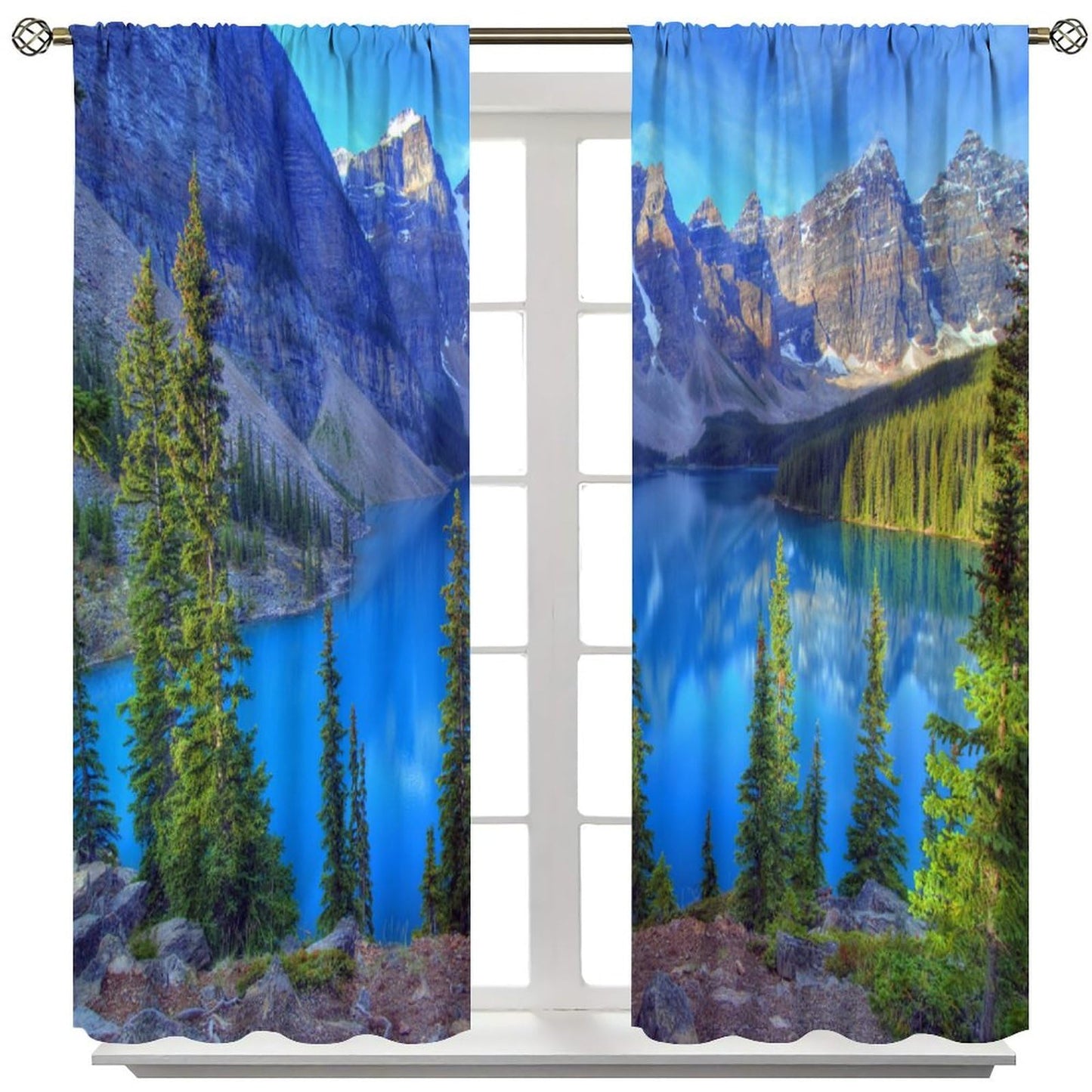 AAVEUP Nature Landscape Curtains for Kitchen,Forest Tree River Mountain Scenery Scene Design Print Window Drapes for Boys Girls Bedroom Living Room 42x45in