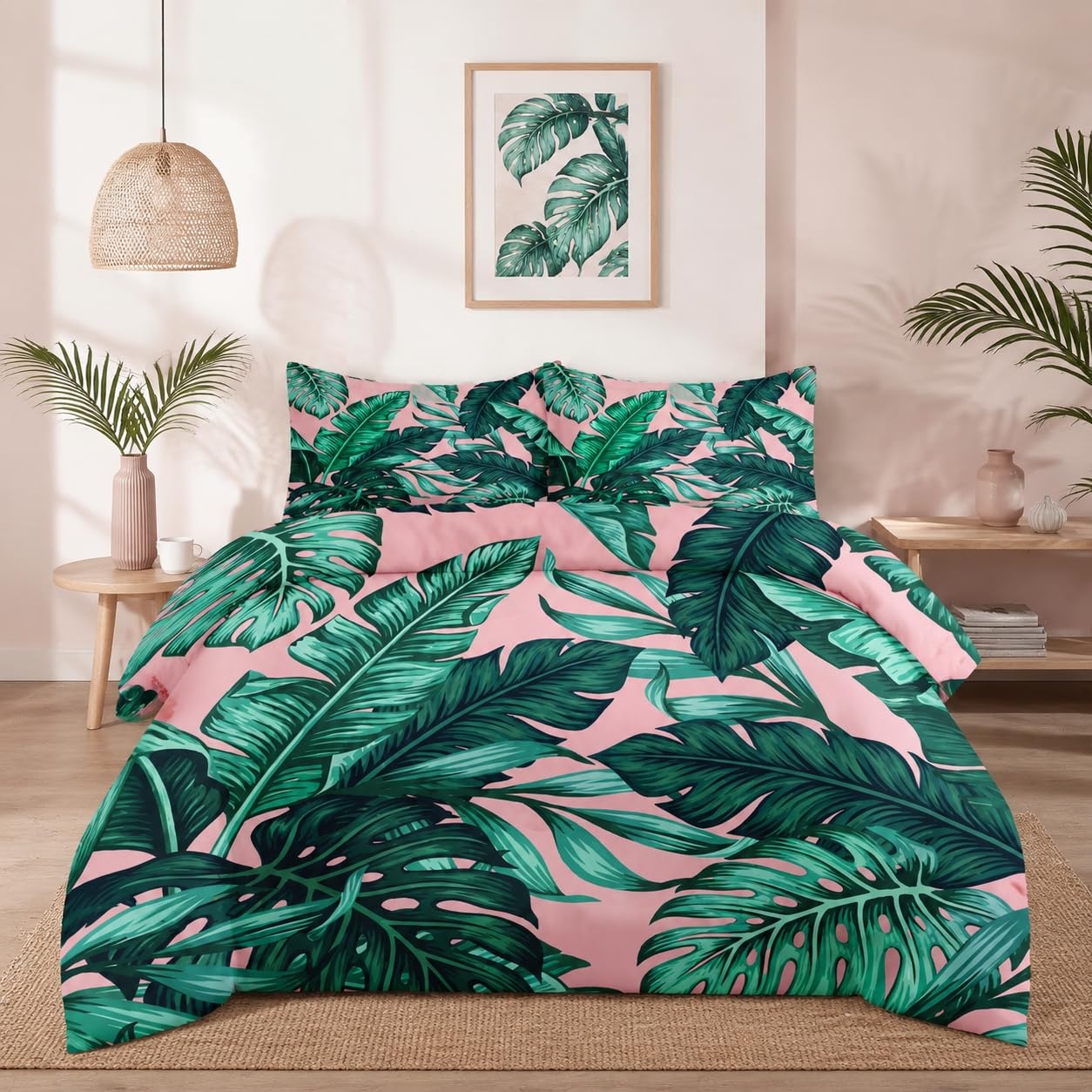 WeCozy Queen Size Comforter Set with 2 Pillowcases, Tropical Green Leaves Pink Leaf Soft 3 Pcs Bedding for Kids and Adults Bedroom Bed Decor