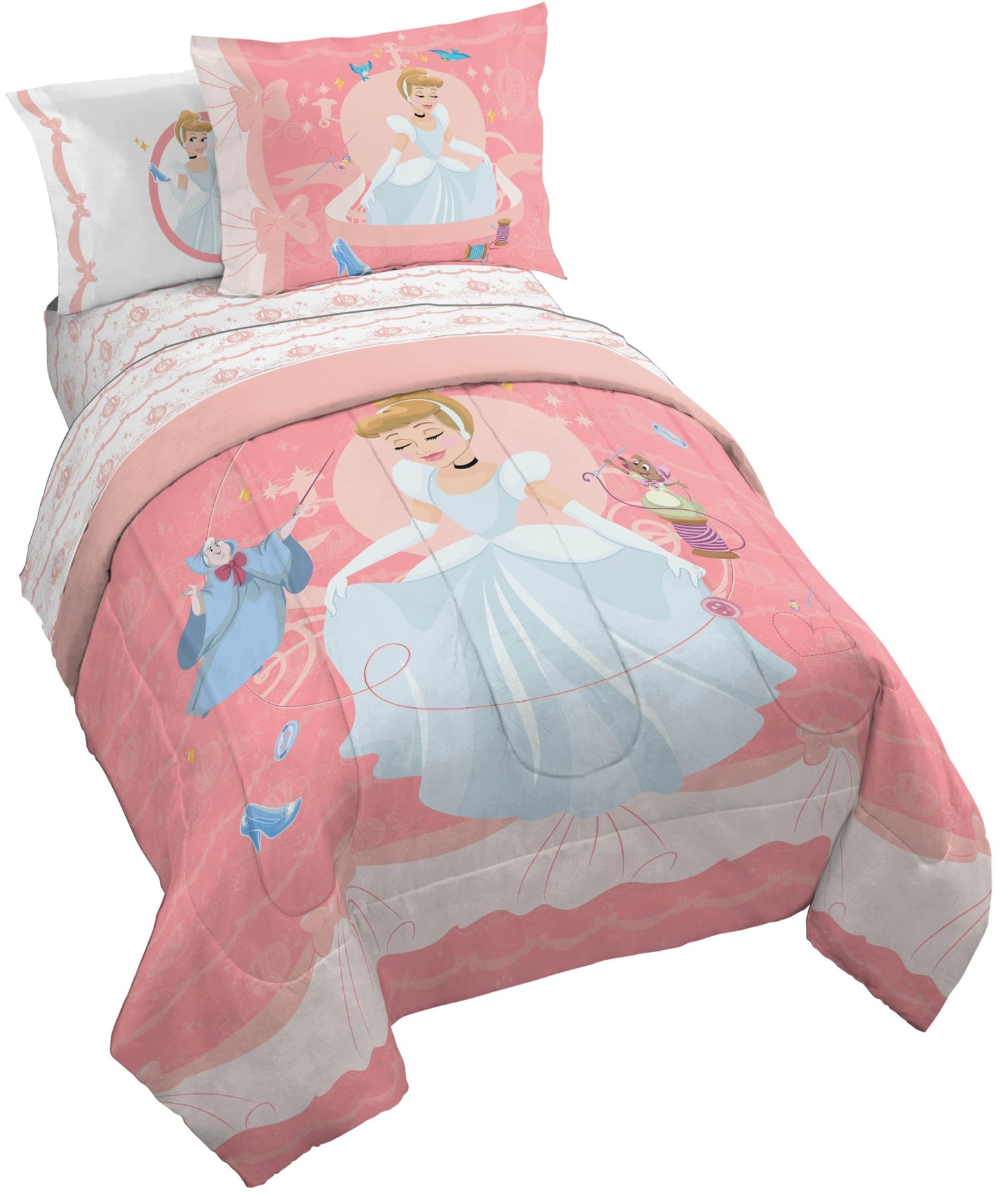Jay Franco Kids Comforter Set Includes Sheets and Pillow Covers - Soft and Cozy Bed Set for Stylish Room Decor, Pink - Princess Cinderella, 5 Piece Twin Size Bedding