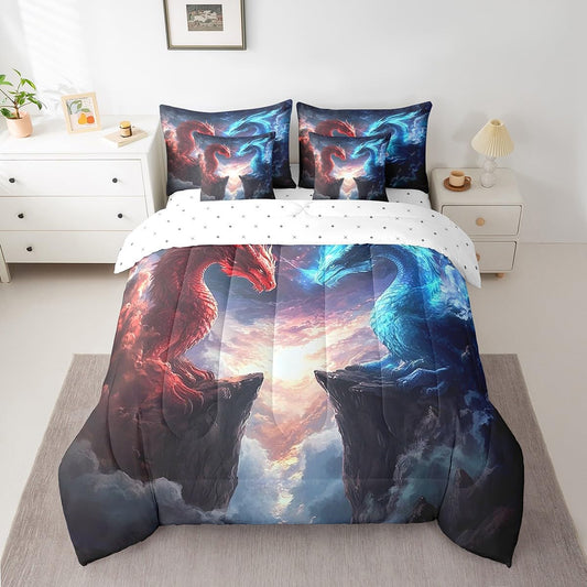 7 Pieces Blue Red Dragon Comforter Set Queen,Western Magical Animal Bed Set for Kids Boys Girls,Fire and Ice Bedding(1 Comforter,1 Fitted Sheet,1 Flat Sheet,2 Pillowcases,2 Throw Pillow Cover)