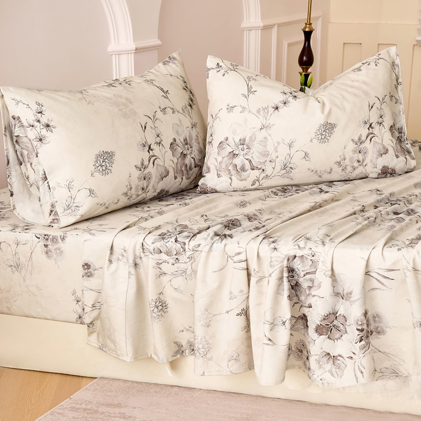 Huborise Beige Queen Sheet Set 100% Cotton Flannel-Like Warm Luxury Peony Toile Floral Bed Sheets 4Pc Deep Pocket 17.5", Double Brushed Extra Soft Breathable, Fall/Winter French Country Bedding