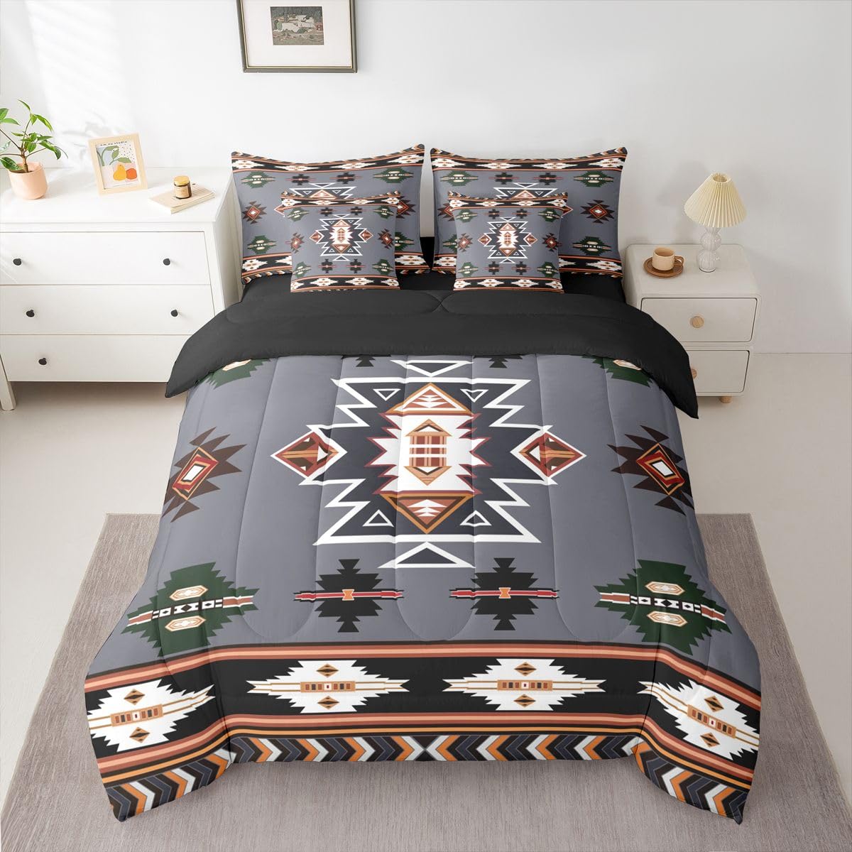Erosebridal Western Comforter Set 7 Piece Bed in a Bag Twin | Bohemian Decor Geometric Bedding Sets Boho Aztec Comforter and Sheet Set, Ethnic Tribal Arrow Bed Sets,Grey
