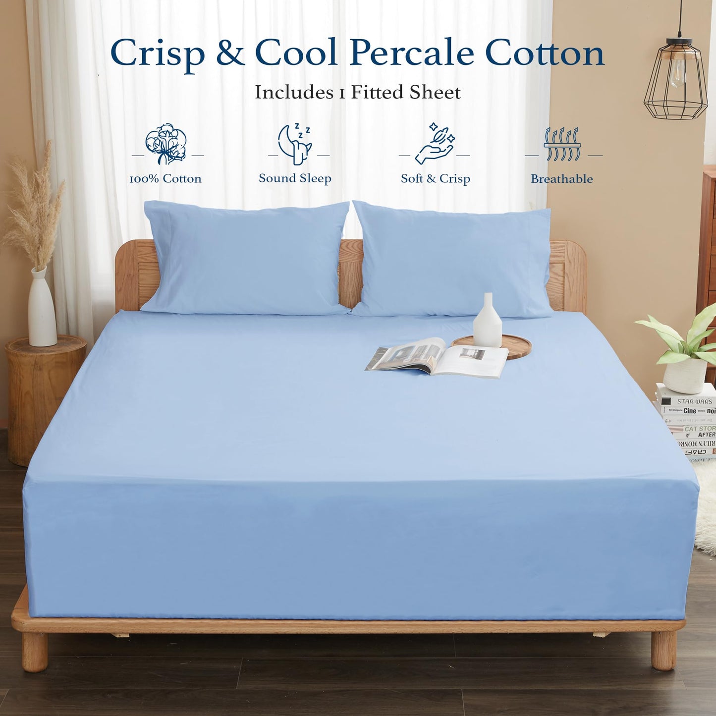 HOMTEC 100% Cotton Percale Fitted Sheet California King Size, 8-15" Deep Pocket Cooling Bottom Sheet, Breathable Soft & Crisp Fitted Sheet Only with 4 Corner Straps (Cal King, Placid Blue)