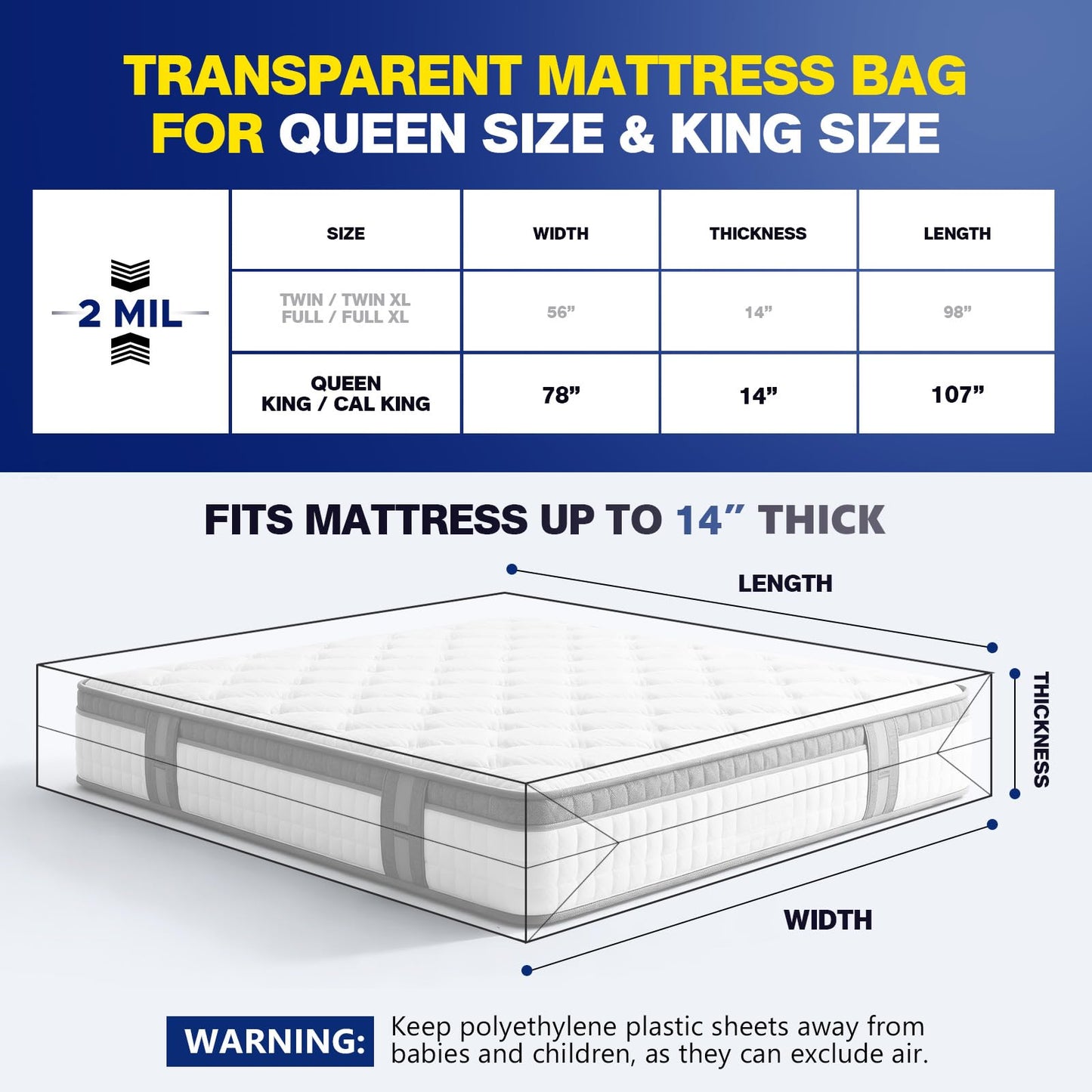 2 Pack Mattress Bags for Moving & Storage - 107" x 78" x 14'' for King / Queen Size, Waterproof & Tear-Resistant, 2.0 MIL Heavy Duty Mattress Cover Moving Supplies