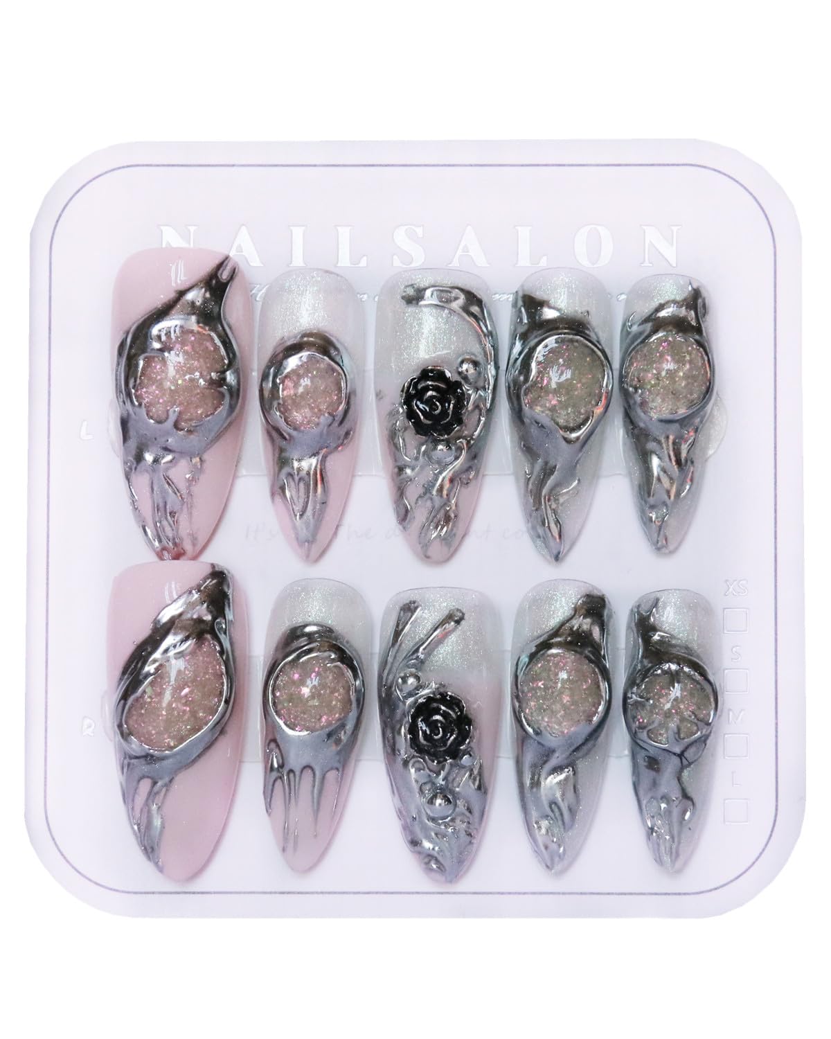 CAMILCY Luxury Handmade Press on Nails Y2K Gothic Press on Nails Almond Shape Handmade Chrome Silver Metallic Fake Nails 3D Black Rose Glitter Pink Acrylic Stick on Nails for Women(A69, M)