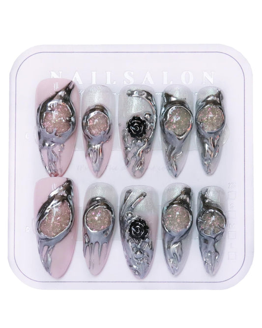 CAMILCY Luxury Handmade Press on Nails Y2K Gothic Press on Nails Almond Shape Handmade Chrome Silver Metallic Fake Nails 3D Black Rose Glitter Pink Acrylic Stick on Nails for Women(A69, M)
