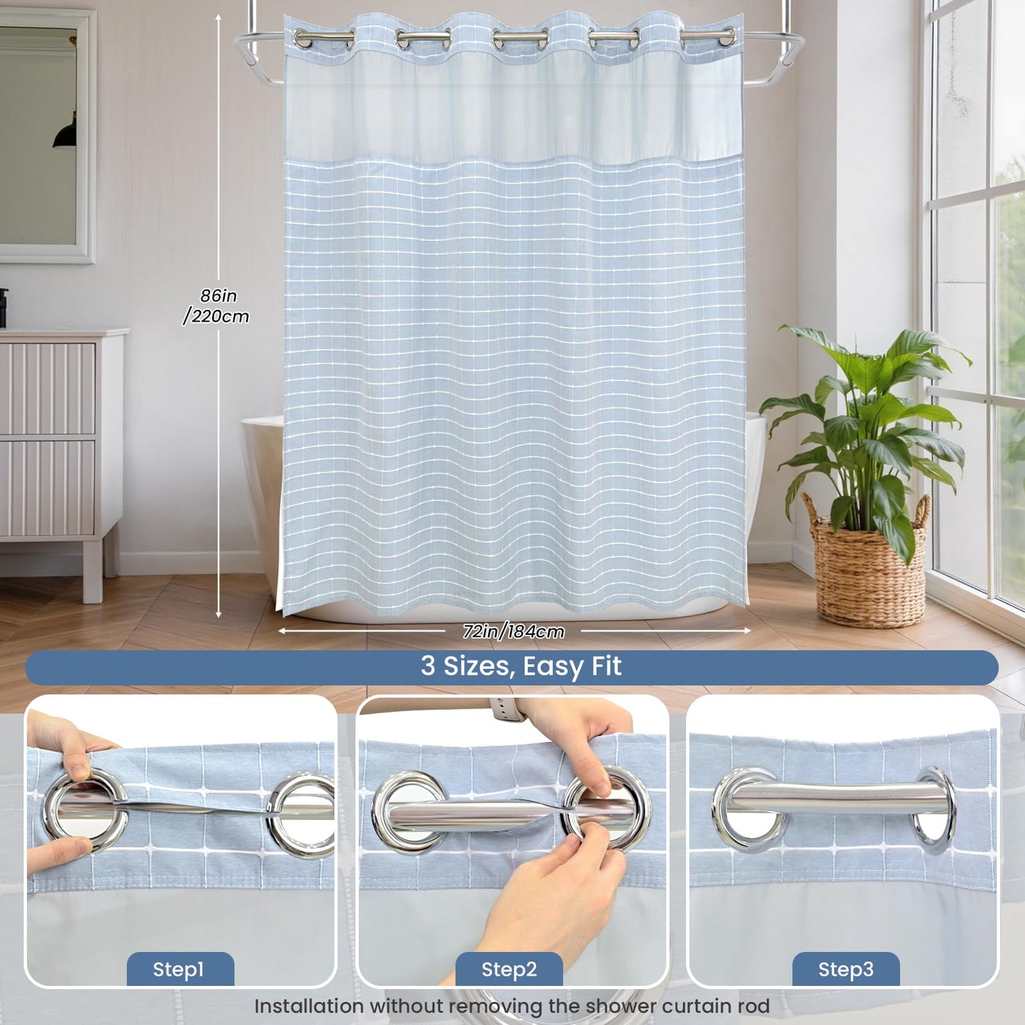 DRIFTED ROOT No Hook Shower Curtain Set with Snap-in Detachable Liner and Mesh Top Window, Grid Jacquard Fabric, Water-Repellent, 4 Hem Magnets, Side Suction Cups, Blue, 72 x 86 Inch