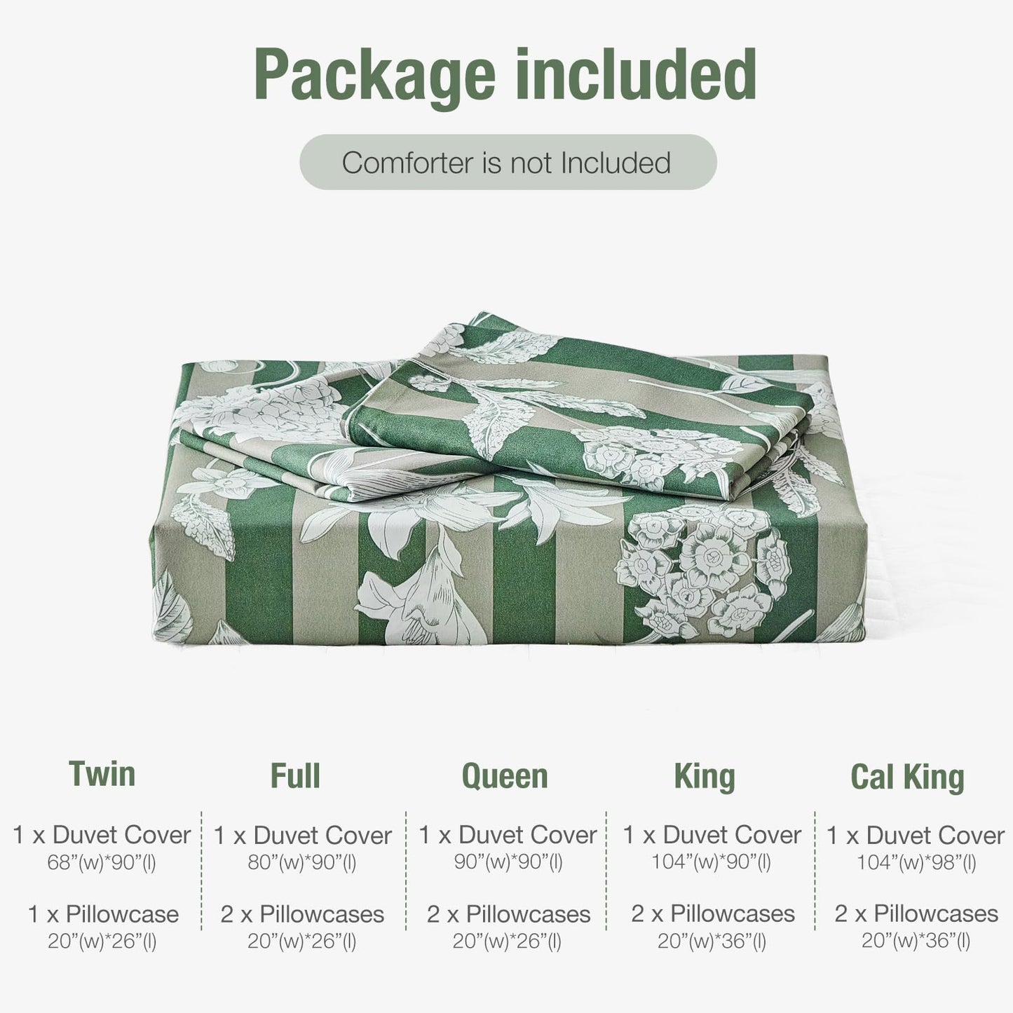 Lekesky Green Floral Duvet Cover King Size, Stripes Comforter Cover King Size Floral Printed Duvet Set, 3 Pieces Soft Microfiber Bedding Set with 8 Zipper Ties (King, 104"x90")
