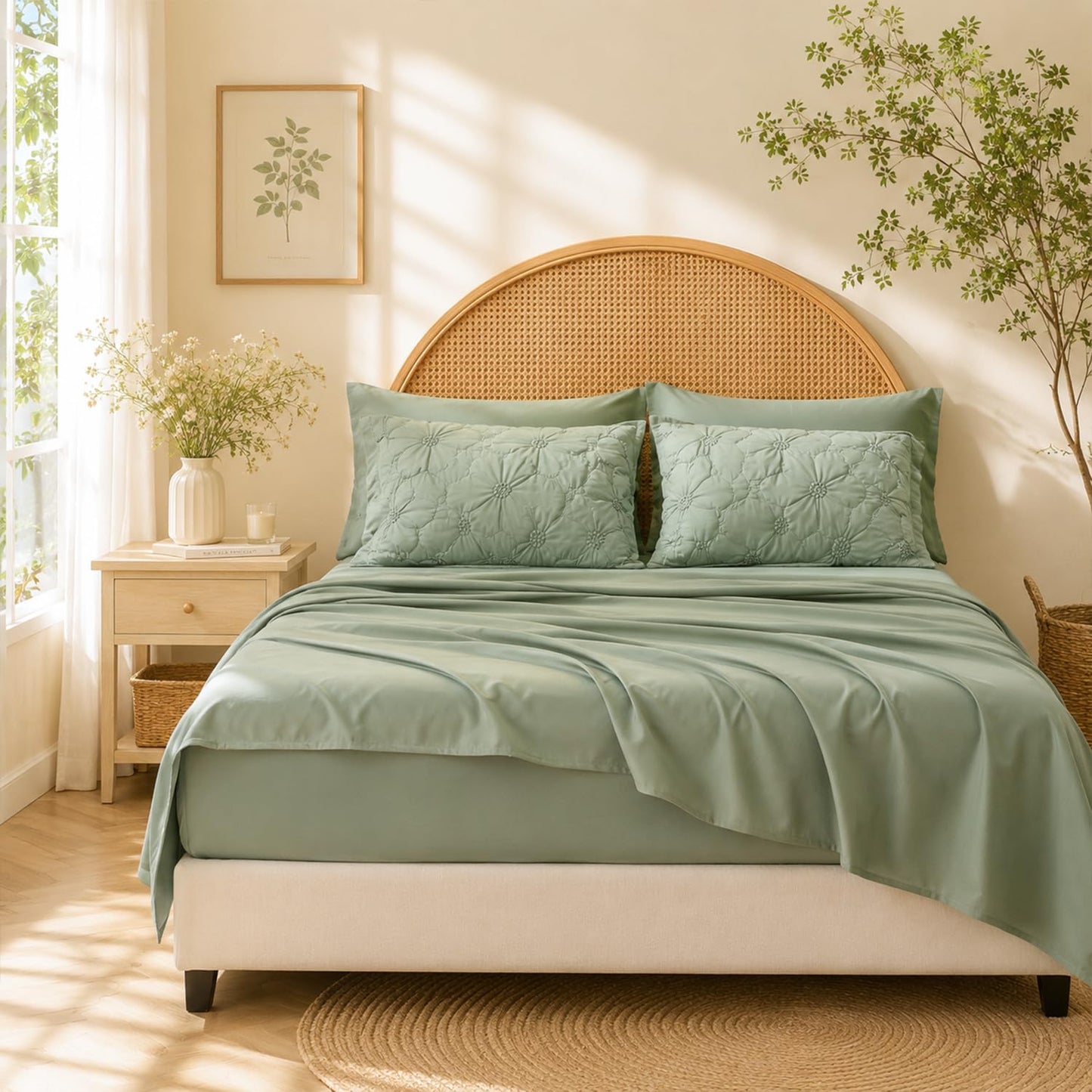 7 Piece Comforter Set, Pintuck Floral Bedding Set with Sheets & Pillowcases, Soft Fluffy All Season Comforter Set, Lightweight Breathable Bed Set for Bedroom Guest Room Dorm (Green, King, Flowers)