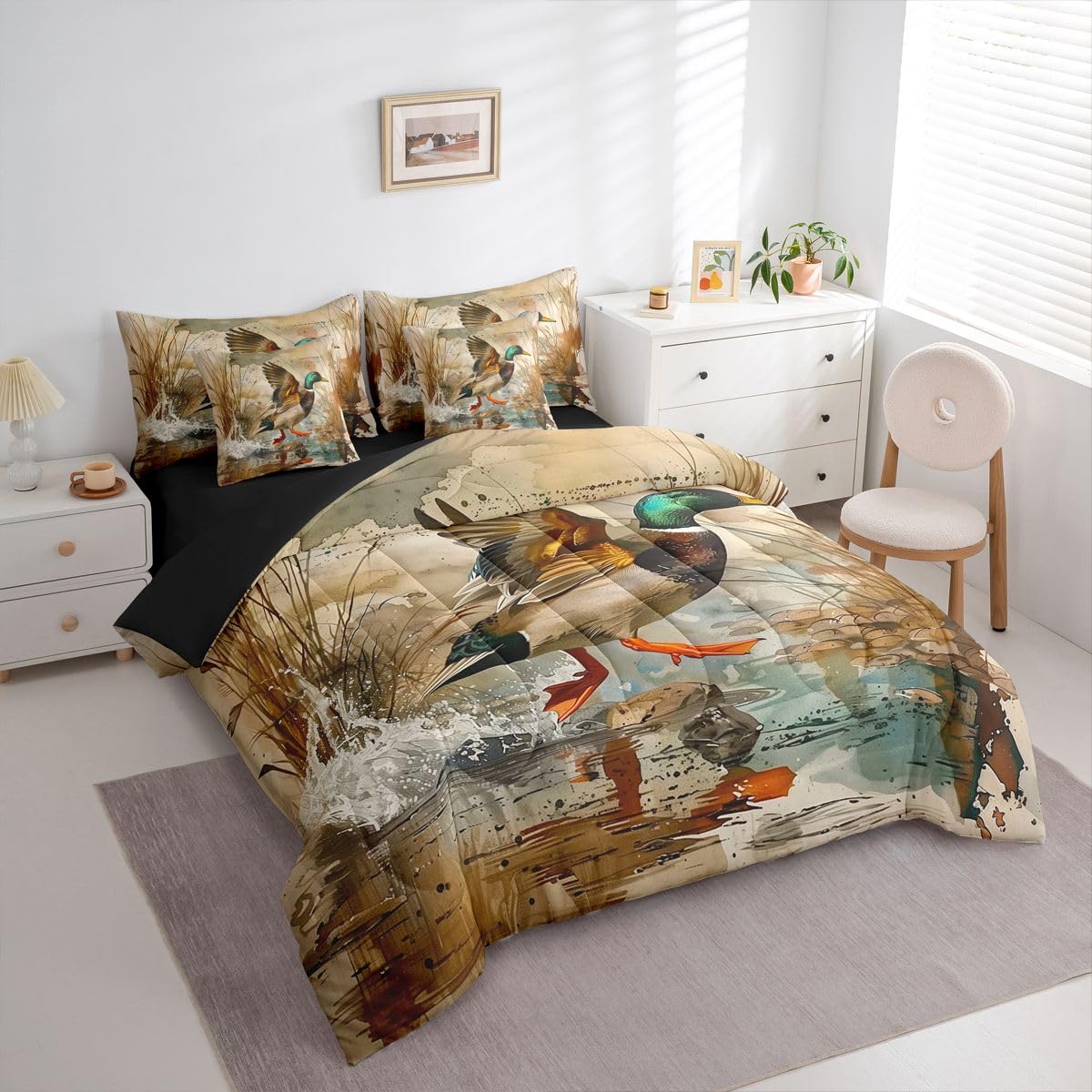 Erosebridal Wild Ducks 7 Piece Bedding Set Queen Mallards Comforter Set with Sheets Reeds Water Splashes Watercolors Bed in a Bag Hunt Cobblestone Spots Grey for Teens Men Women