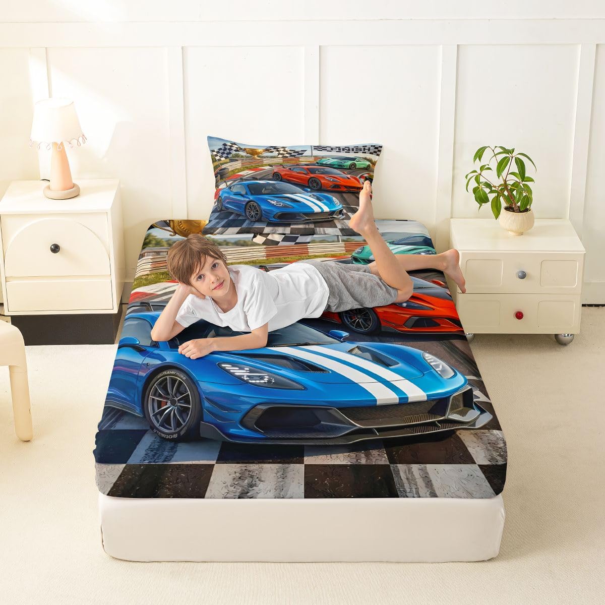 Feelyou Boys Race Car Fitted Sheet Twin Size for Kids Boys Girls Speed Sports Car Bed Sheets Set 16" Deep Pocket Soft Breathable Racing Extreme Sports Bedding with 1 Pillowcase Automobile Room Decor