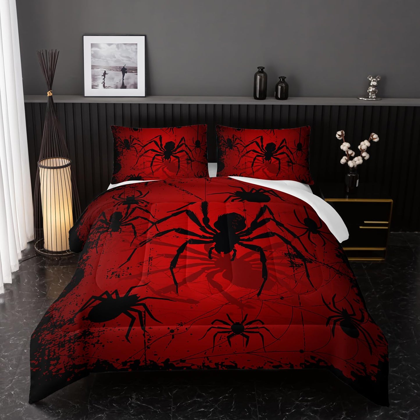 Nttopship Boys Spider Printed Comforter Set Bed in A Bag Twin Size 3PCS Red Bedding Set Cool Black Spider Comforter Set Girls Boys Kids Comforter Bedding Set with 2 Pillowcases