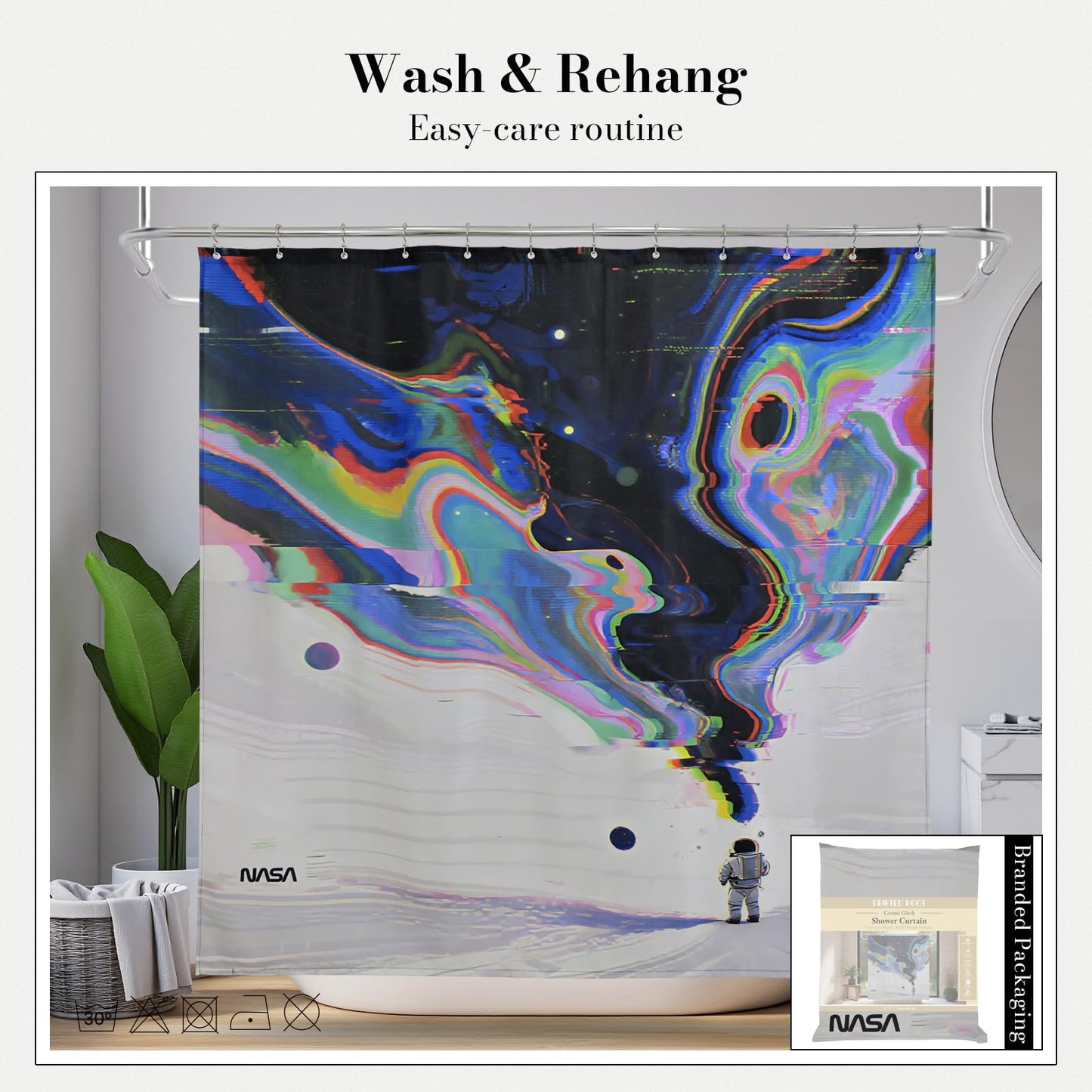 DRIFTED ROOT NASA Licensed Shower Curtain Set, Neon Glitch Astronaut Galaxy Design, Space Poster Art, Oxford Cloth, Bathroom Hotel Decor (Cosmic Glitch-Black, 72" W x 72" L (Pack of 1))