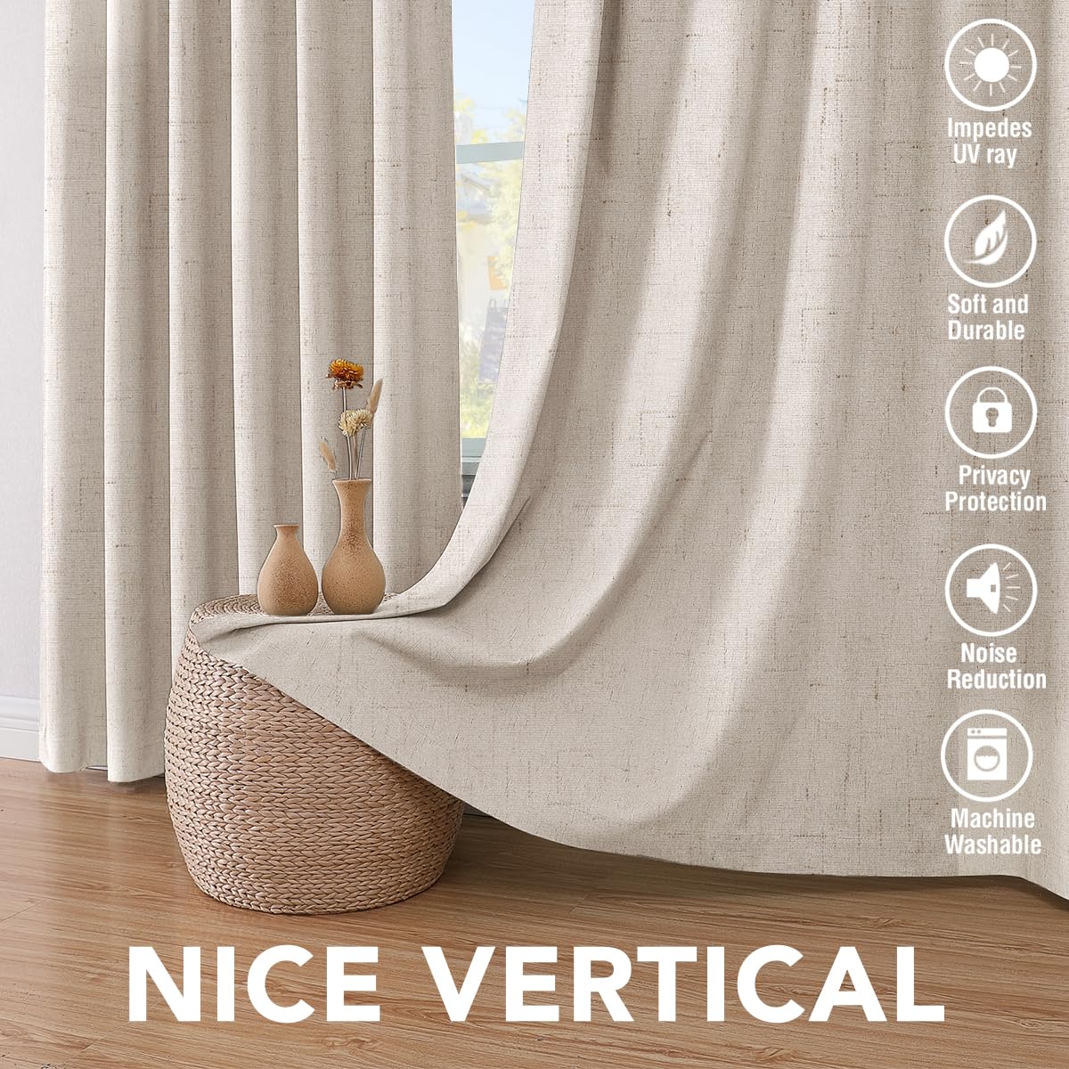 H.VERSAILTEX Linen Blackout Curtains 45 Inches Long 100% Blackout Thermal Insulated Textured Linen Look Curtain Draperies Anti-Rust Grommet, Energy Saving with White Liner, 2 Panels, Natural