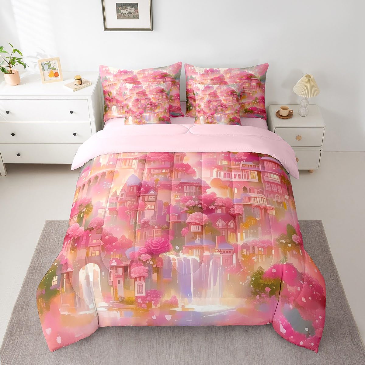 Erosebridal Rose Castle Comforter Set King,Dreamy Sea of Floral Bedding Set 7Pcs for Kids Girls Teens,Princess Fantasy Mysty Bed in a Bag